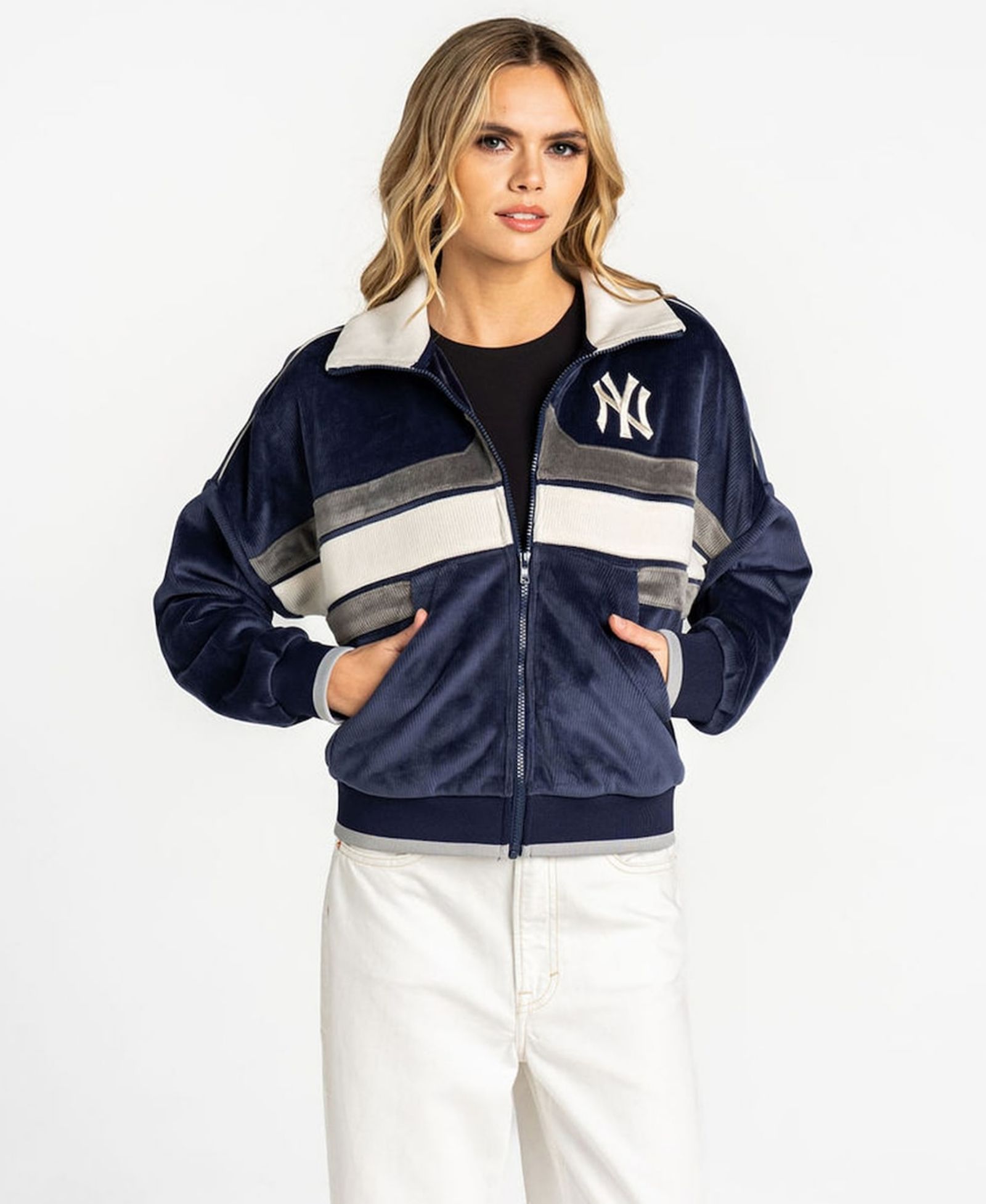 The Wild Collective Женский Navy New York Yankees Velvet Cord Full-Zip Jacket