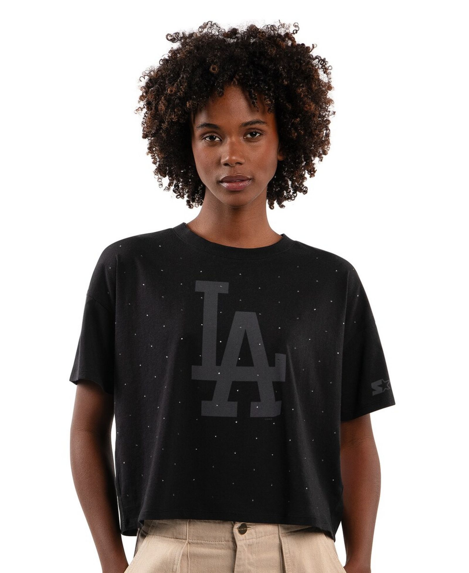 Женская укороченная футболка Starter Black Los Angeles Dodgers с блестками
