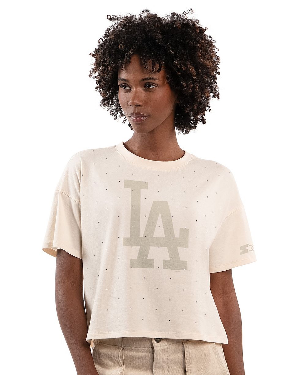 Женская укороченная футболка Starter Cream Los Angeles Dodgers Rhin Этоestone Sprinkle Boxy Cropped T-Shirt