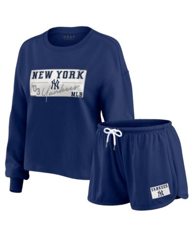 WEAR by Erin Andrews Women's Navy New York Yankees Heavy Rugby Jersey Cropped Long Sleeve T-Shirt & Shorts Lounge Set