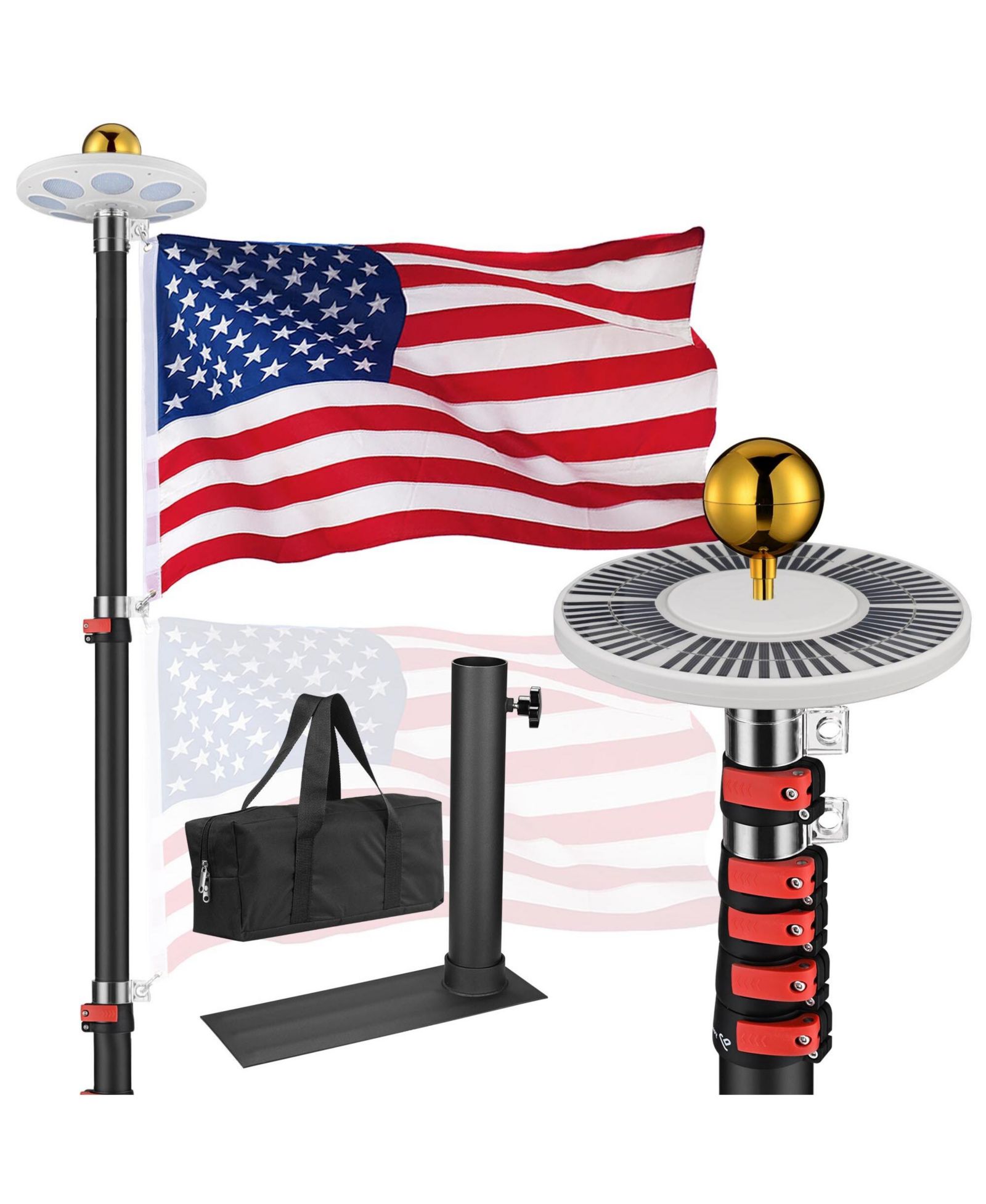 Yescom EZ GO 20Ft Telescopic Flag Pole Kit with Solar Light & Tire Mount Base for Tailgate Outside