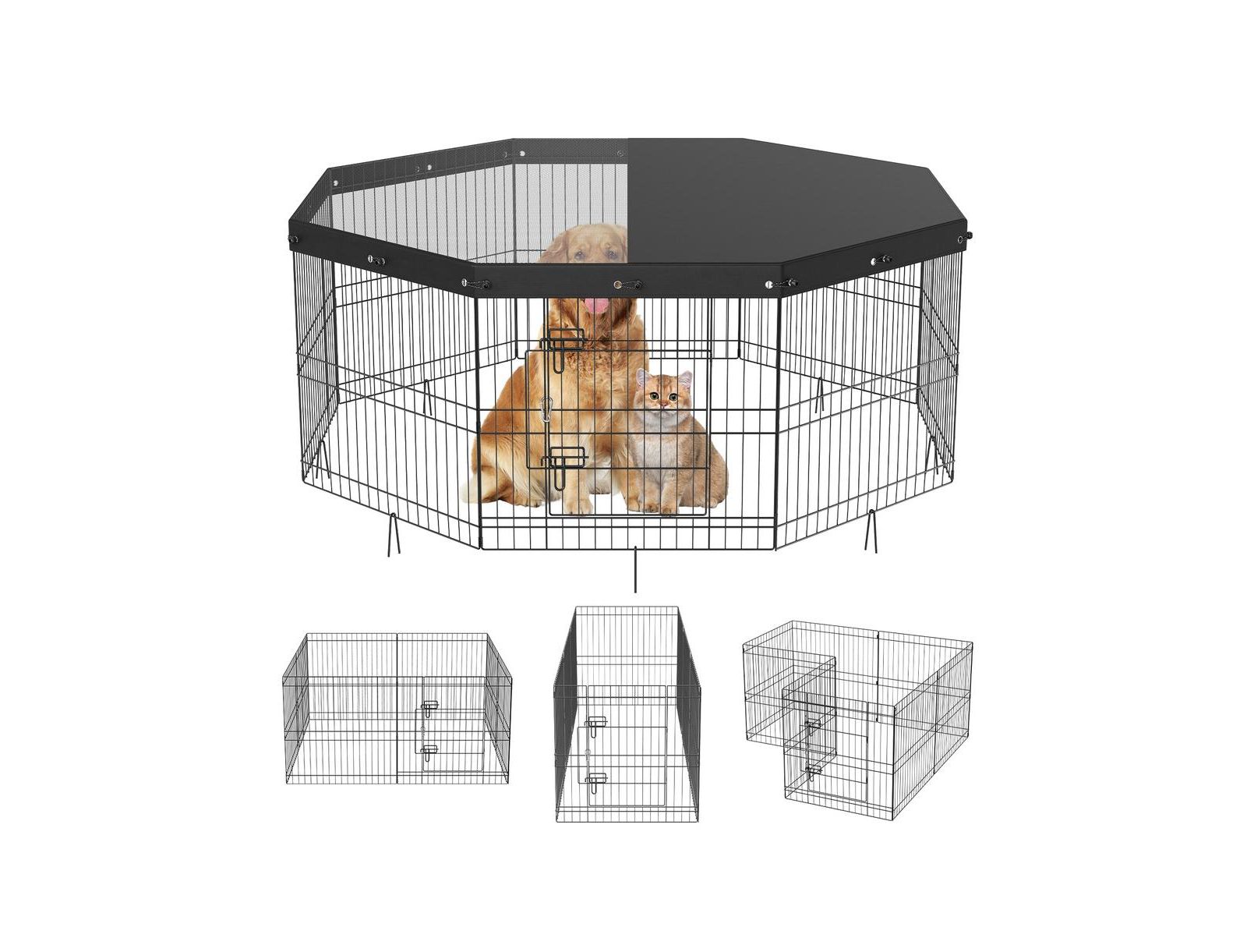 RUIE 8 Panel Foldable Metal Dog Playpen with Top Cover and Ground Stakes 24 in H