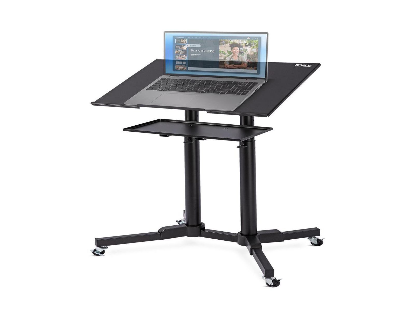 Pyle Height-Adjustable Mobile Lectern Podium Stand with LED Light and Locking Wheels