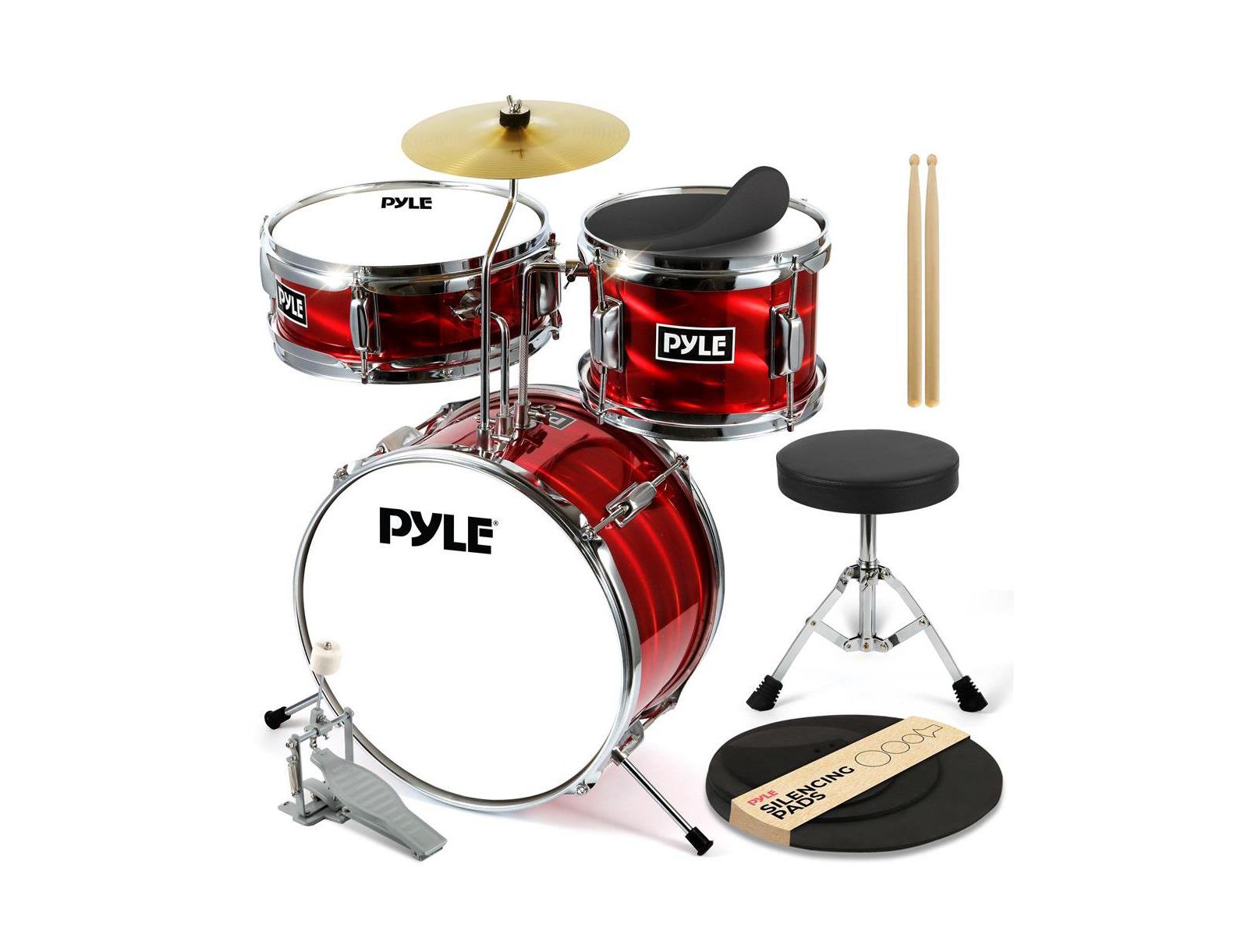 Детский барабанный набор Pyle 3-Piece Metallic Red с подставкой, тарелкой, педалью бас-бочки, томом и палочками