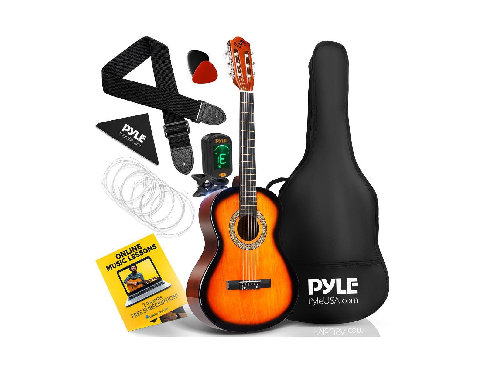 Pyle Набор классической гитары 36" 3/4 Scale с цифровым тюнером и аксессуарами - Sunburst, PGACLS82SUN