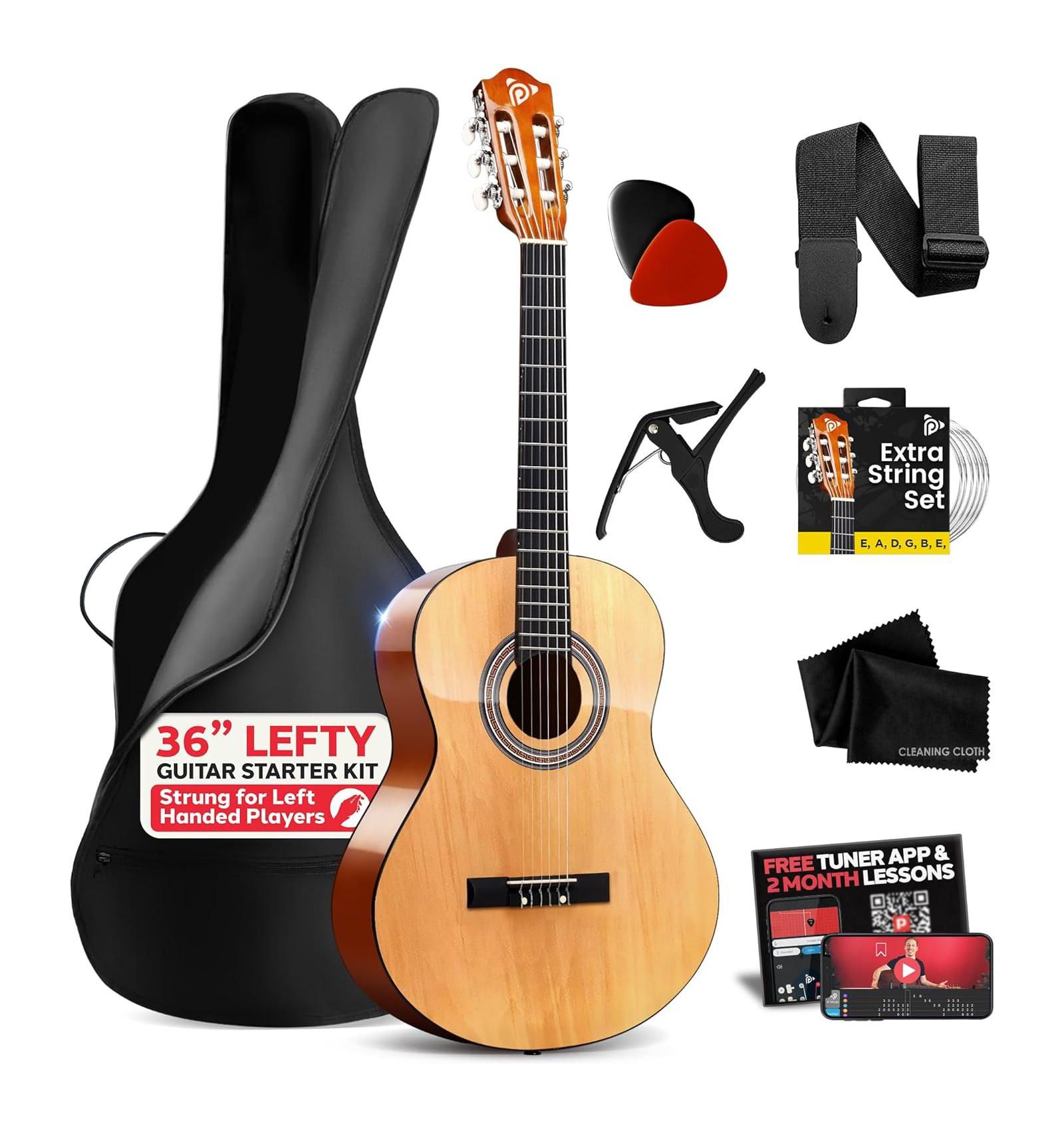 Акустическая гитара-набор Pyle для начинающих 3/4 Size Nylon String с капо, ремнем, запасными струнами и чехлом, Natural Gloss