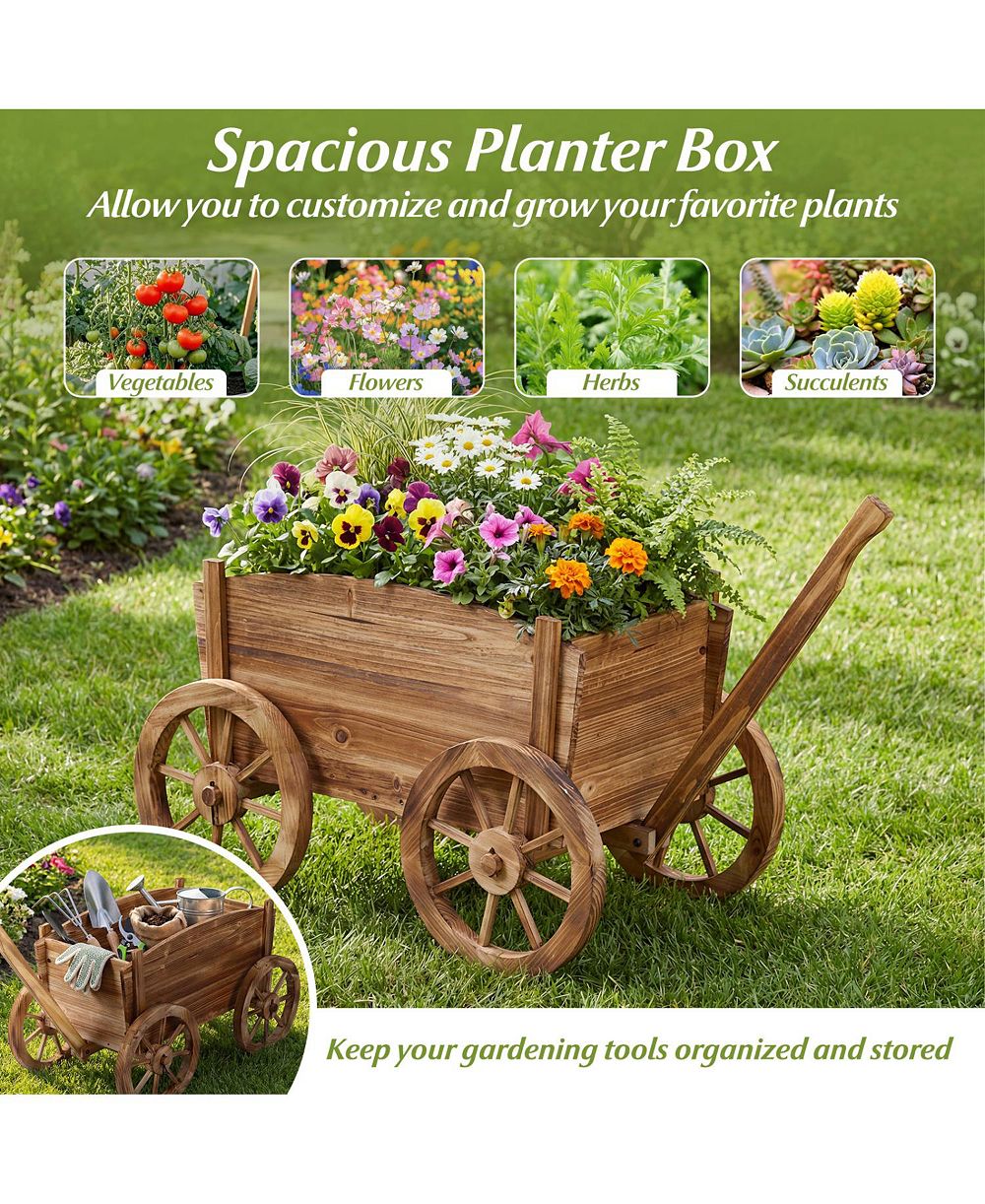 SUGIFT Rustic Rolling Flower Pot Stand with Wheels and Handle-Coffee