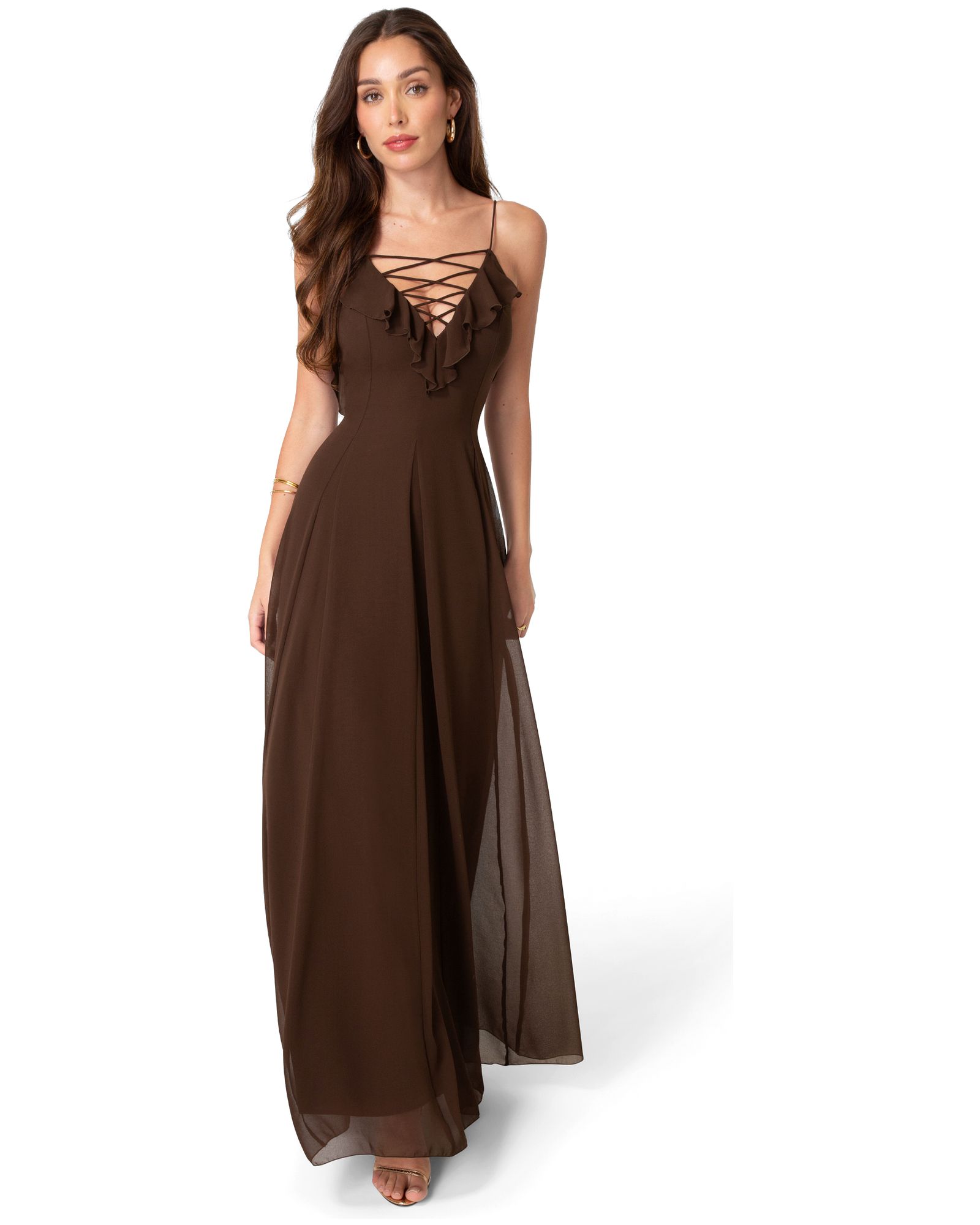 Bebe Women's Lace Up Ruffle Chiffon Maxi Dress