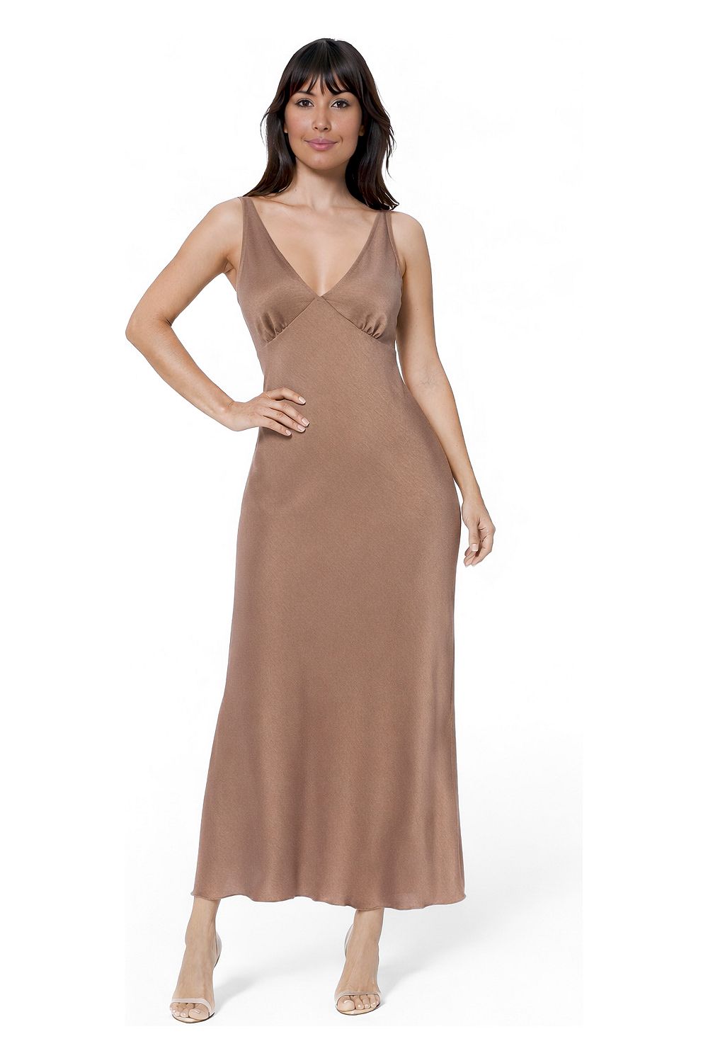 Женское вечернее платье Bebe Ceycrepe Satin с V-образным вырезом, без рукавов, макси