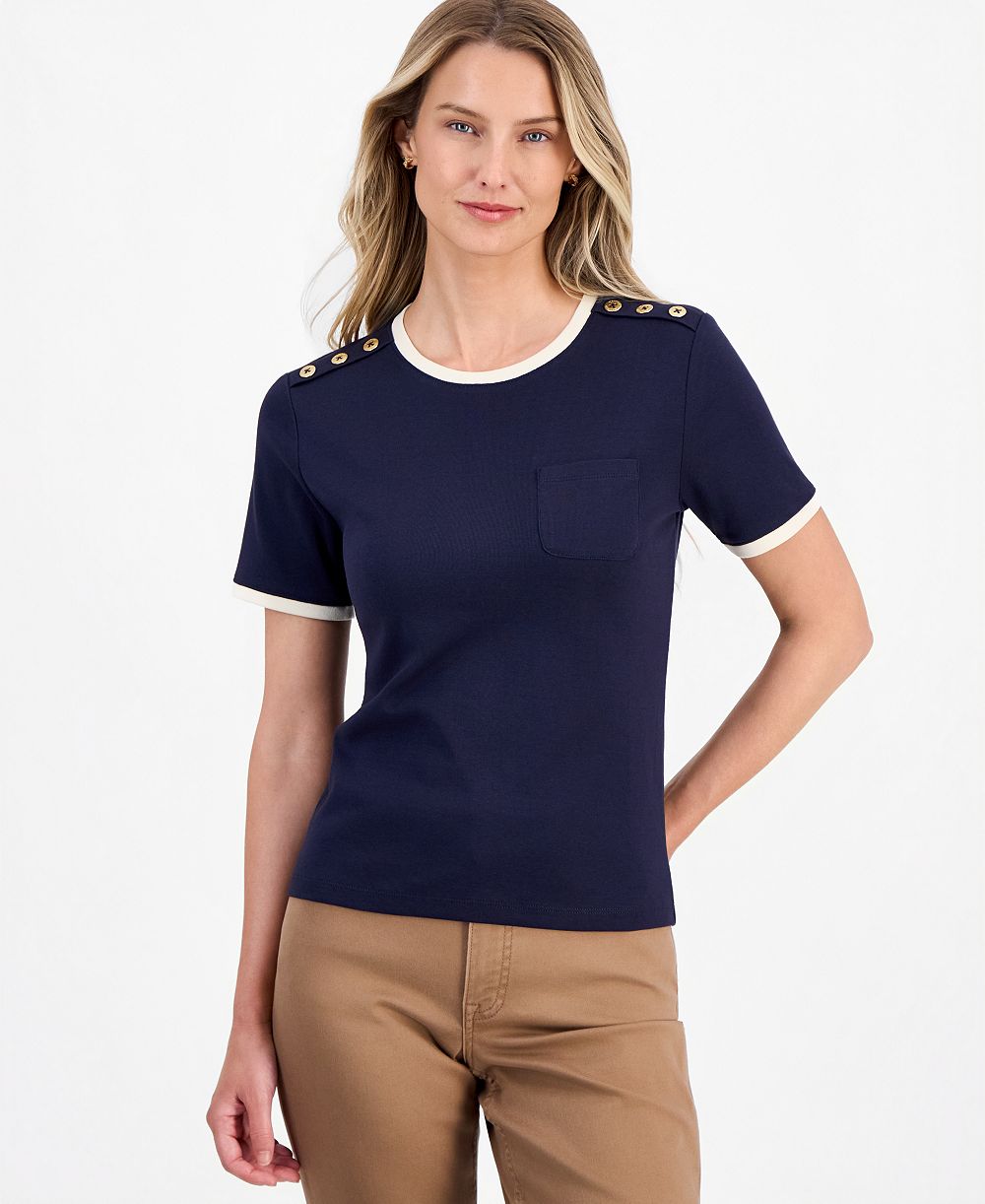 Женская футболка Nautica Cotton Button-Shoulder Ringer