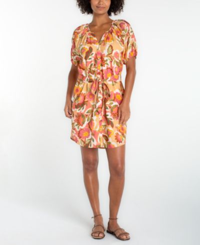 Liverpool Los Angeles Petite Shirred Floral Print Dress