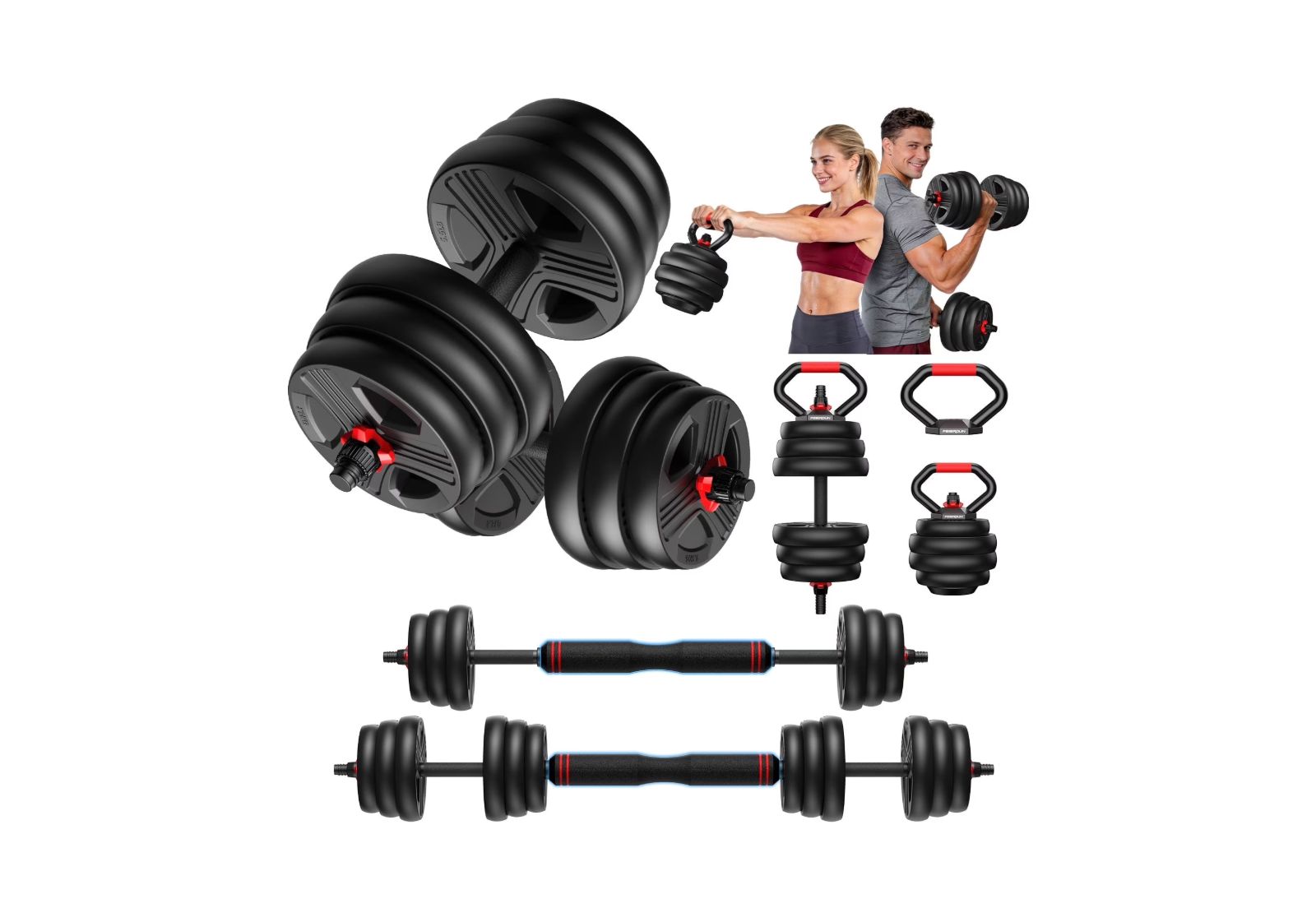 FED FITNESS Adjustable 5 in 1 Free Weights Set, Dumbbell Set, Convertible to Barbell, Kettlebell, Push Up Stand