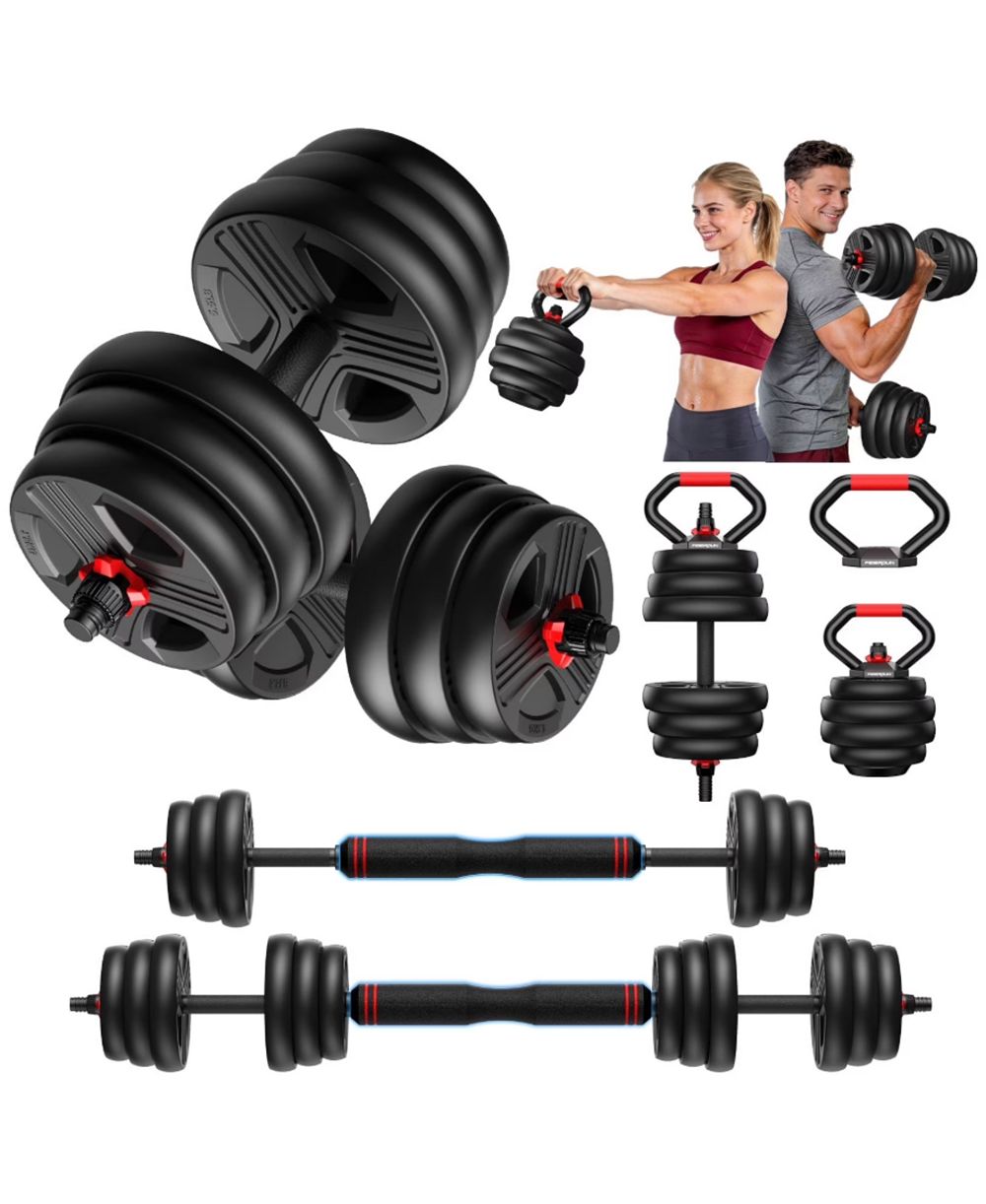 FED FITNESS Adjustable 5 in 1 Free Weights Set, Dumbbell Set, Convertible to Barbell, Kettlebell, Push Up Stand