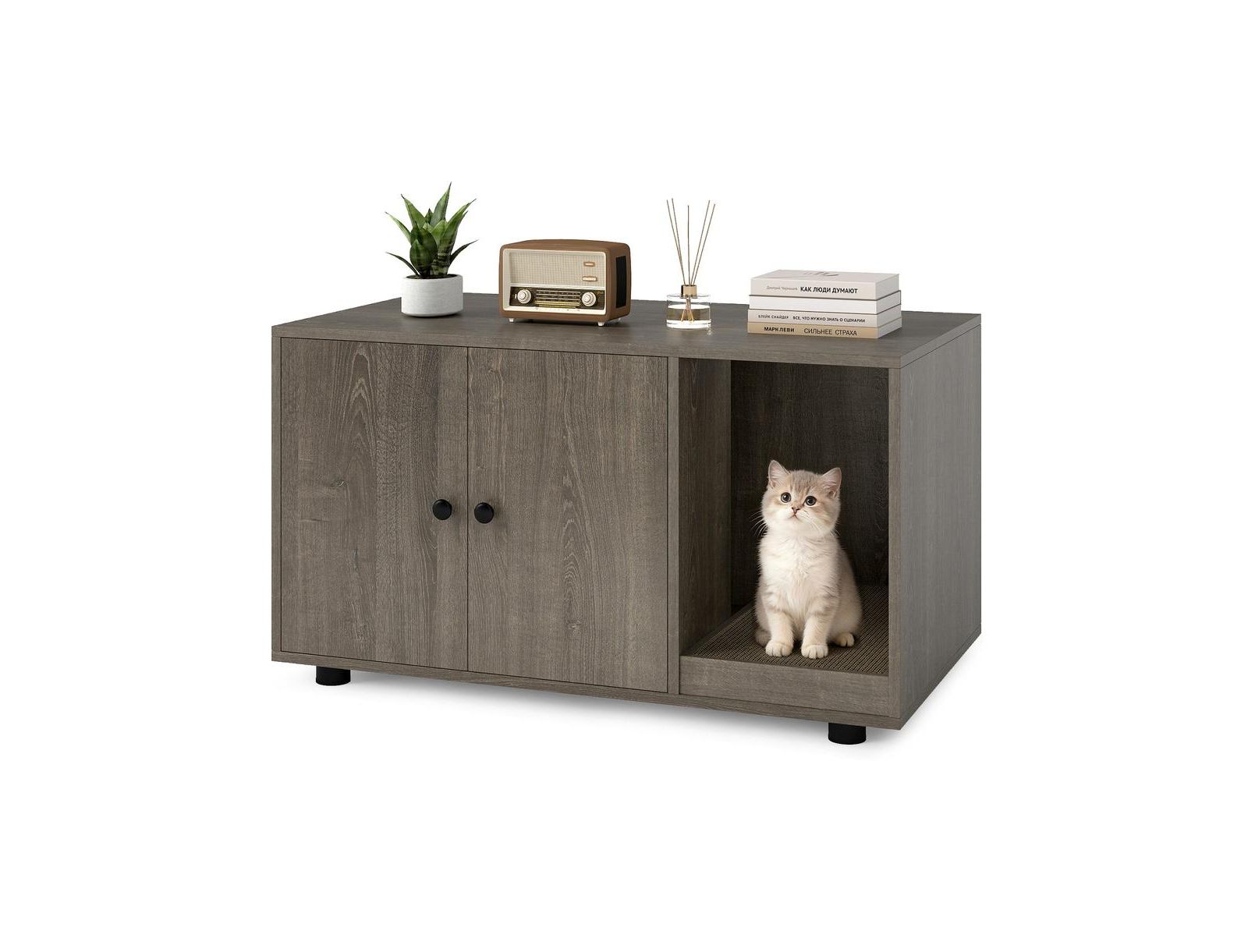 RUIE 35.5 Inch Wooden Hidden Cat Litter Box Enclosure Cabinet with Scratching Board