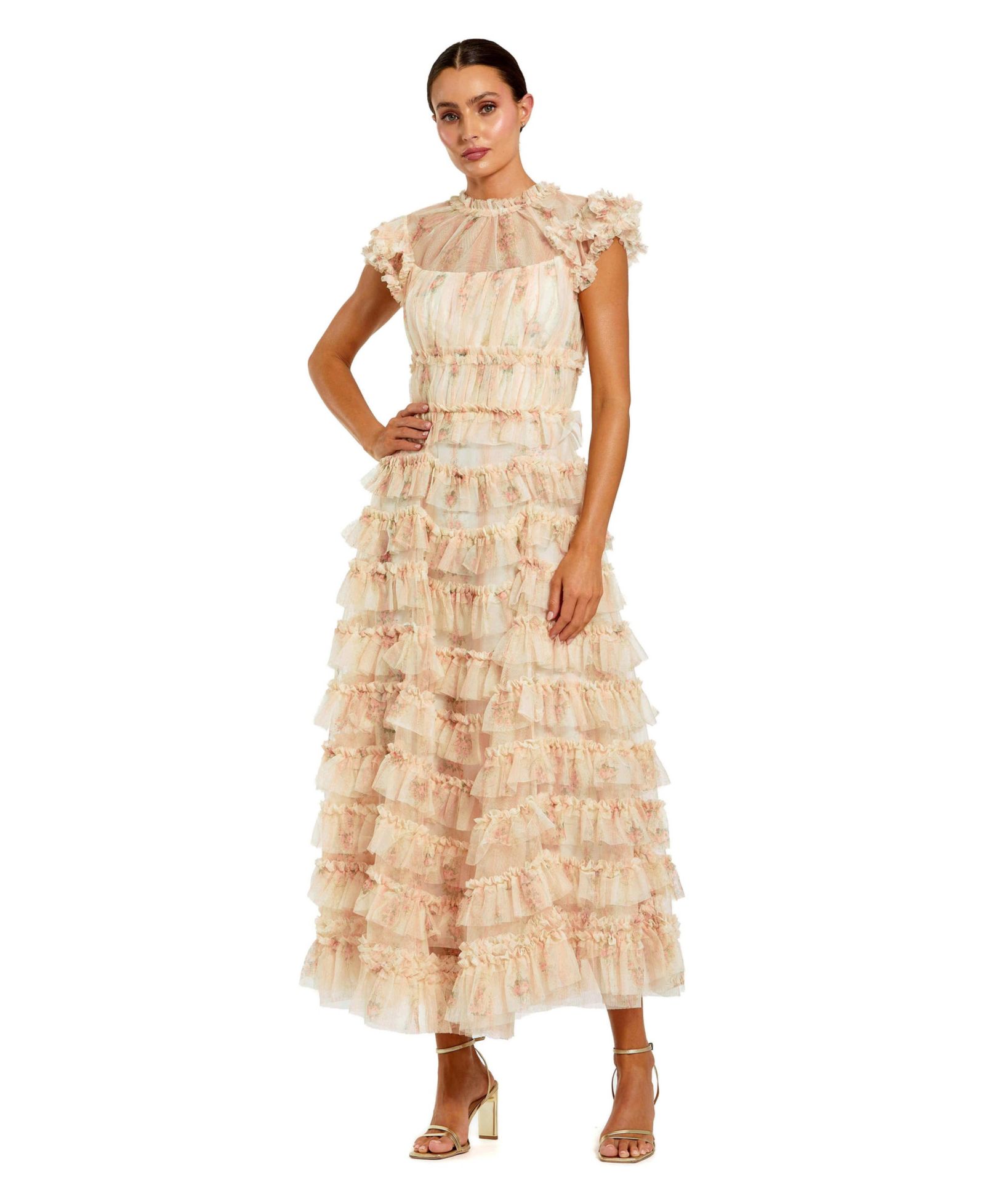 Mac Duggal Women's Printed Mesh Short Sleeve Micro Ruffle Midi Dress