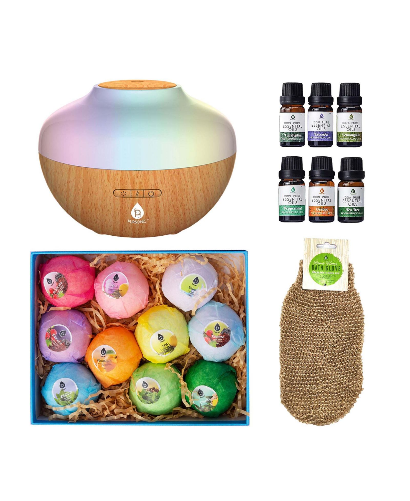 PURSONIC Bath and Aromatherapy Bundle - Essential Oils, Bath Bombs and More
