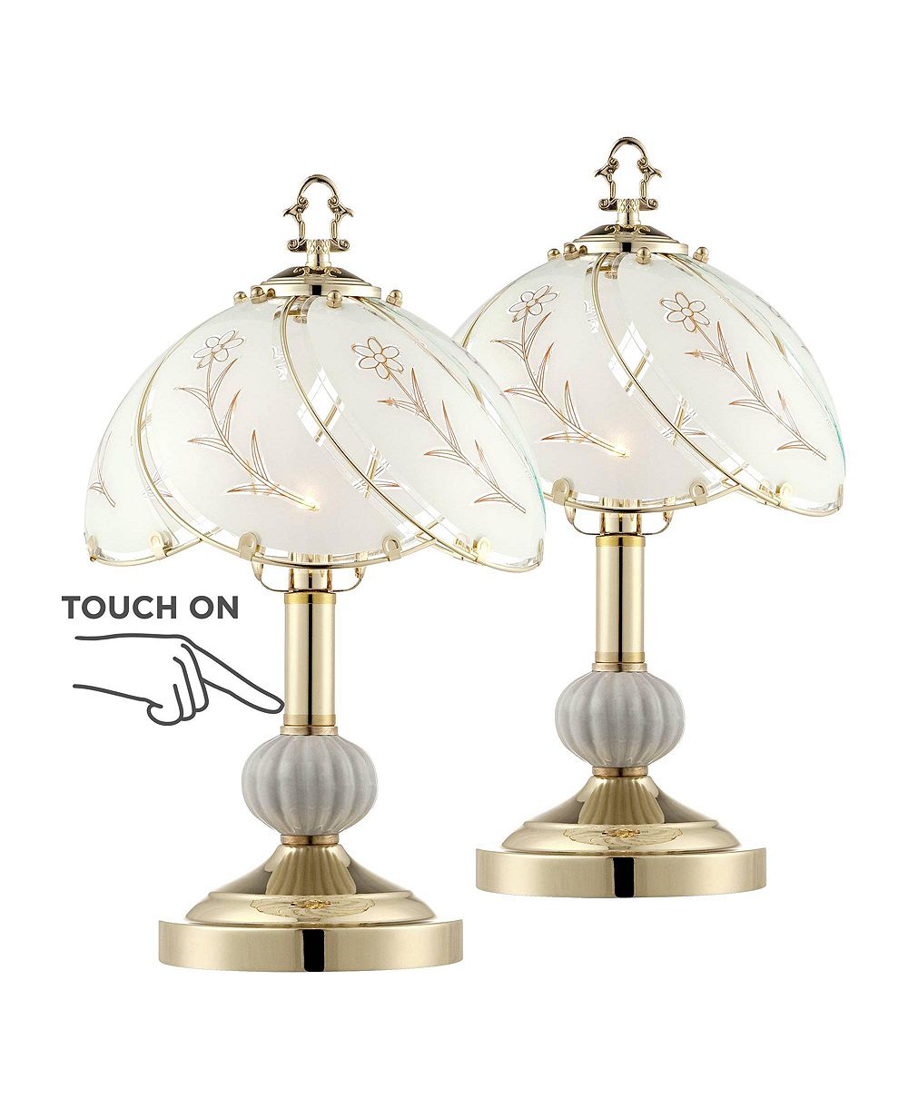 Regency Hill Traditional Accent Table Lamp 15" High Set of 2 Polished Brass Etched Glass Shade Touch On Off Bedroom House Bedside