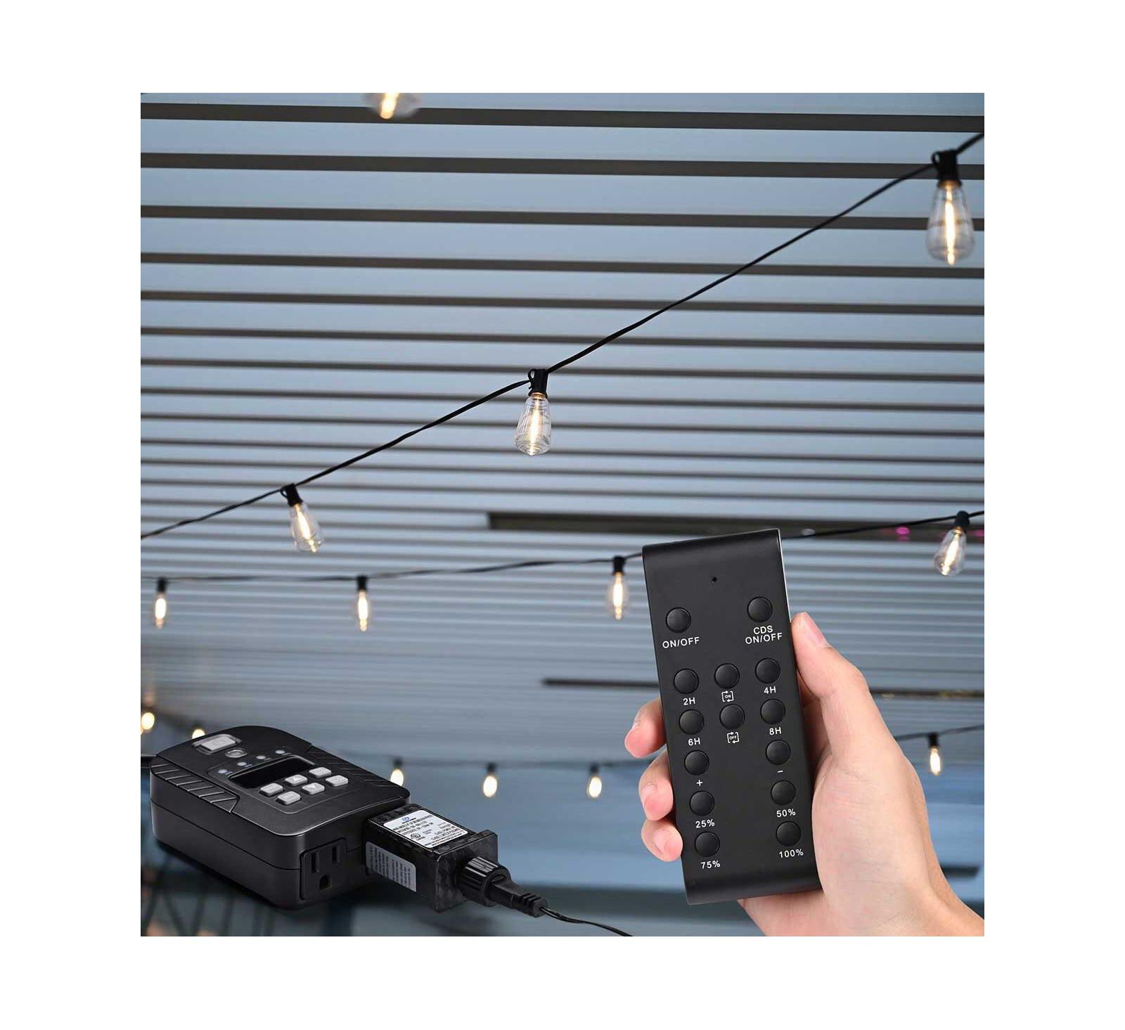 DELight Outdoor Dimmer for String Lights 600W with 100FT Wireless Remote Control and Timer Dusk-to-Dawn 24H,IP44 Waterproof FCC ETL Listed