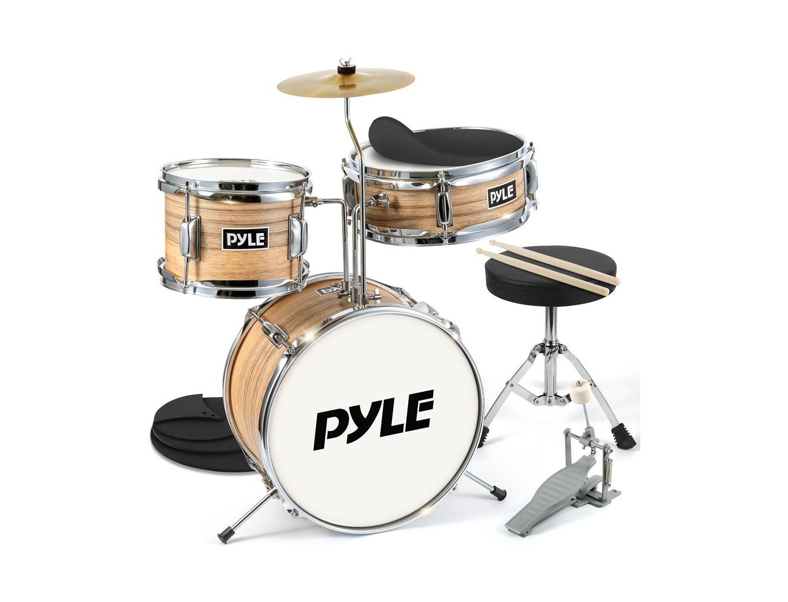 Pyle 3-Piece Kids/Junior Drum Set - Includes Bass Drum, Tom, Snare, Cymbal, Throne, and Sticks, Natural Finish (PDRMKIT72N)