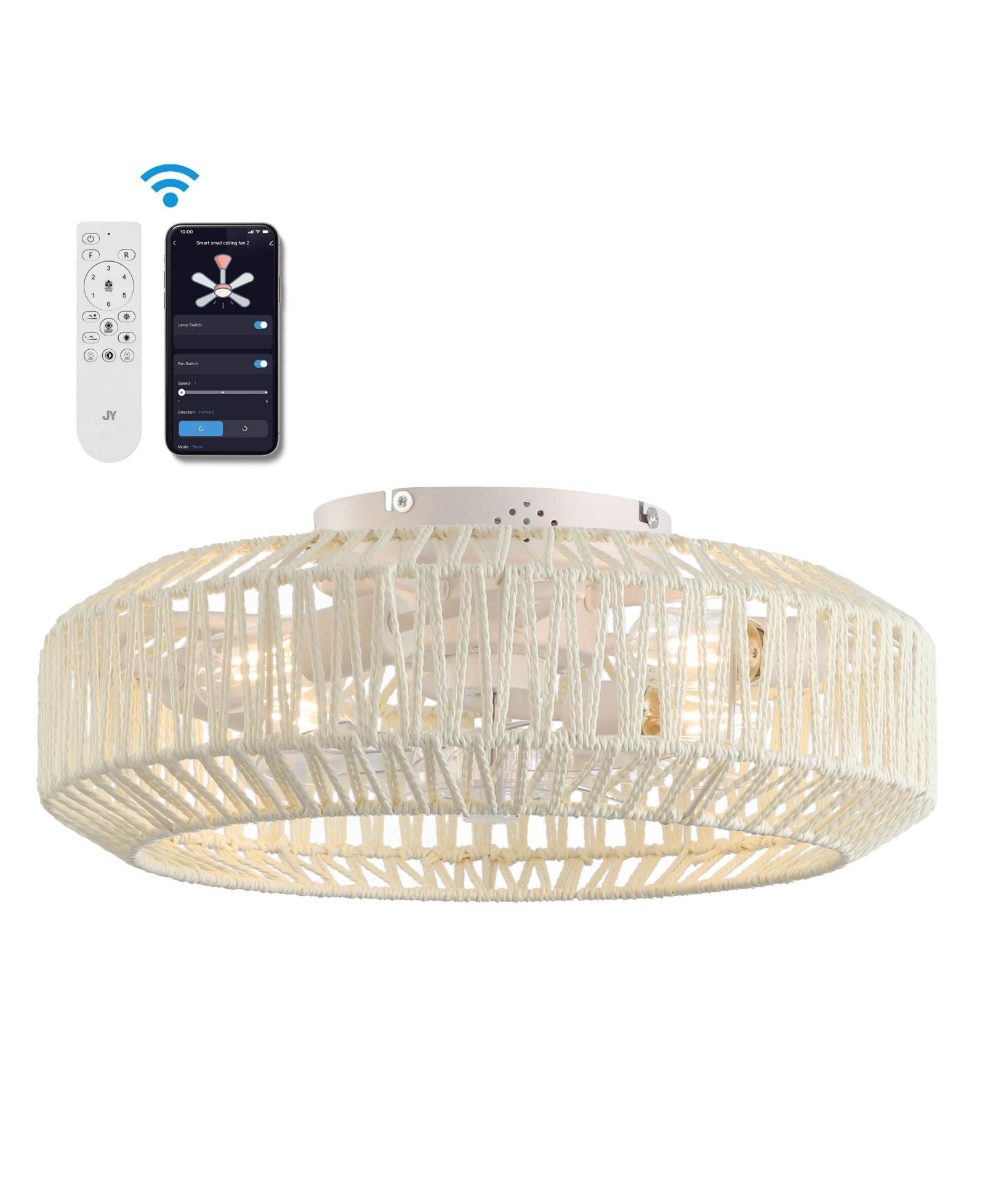 Jonathan Y Rowan 19.5" 4-Light Modern Bohemian 6-Speed Metal/Rattan Mobile-App/Remote-Controlled Lantern LED Ceiling Fan
