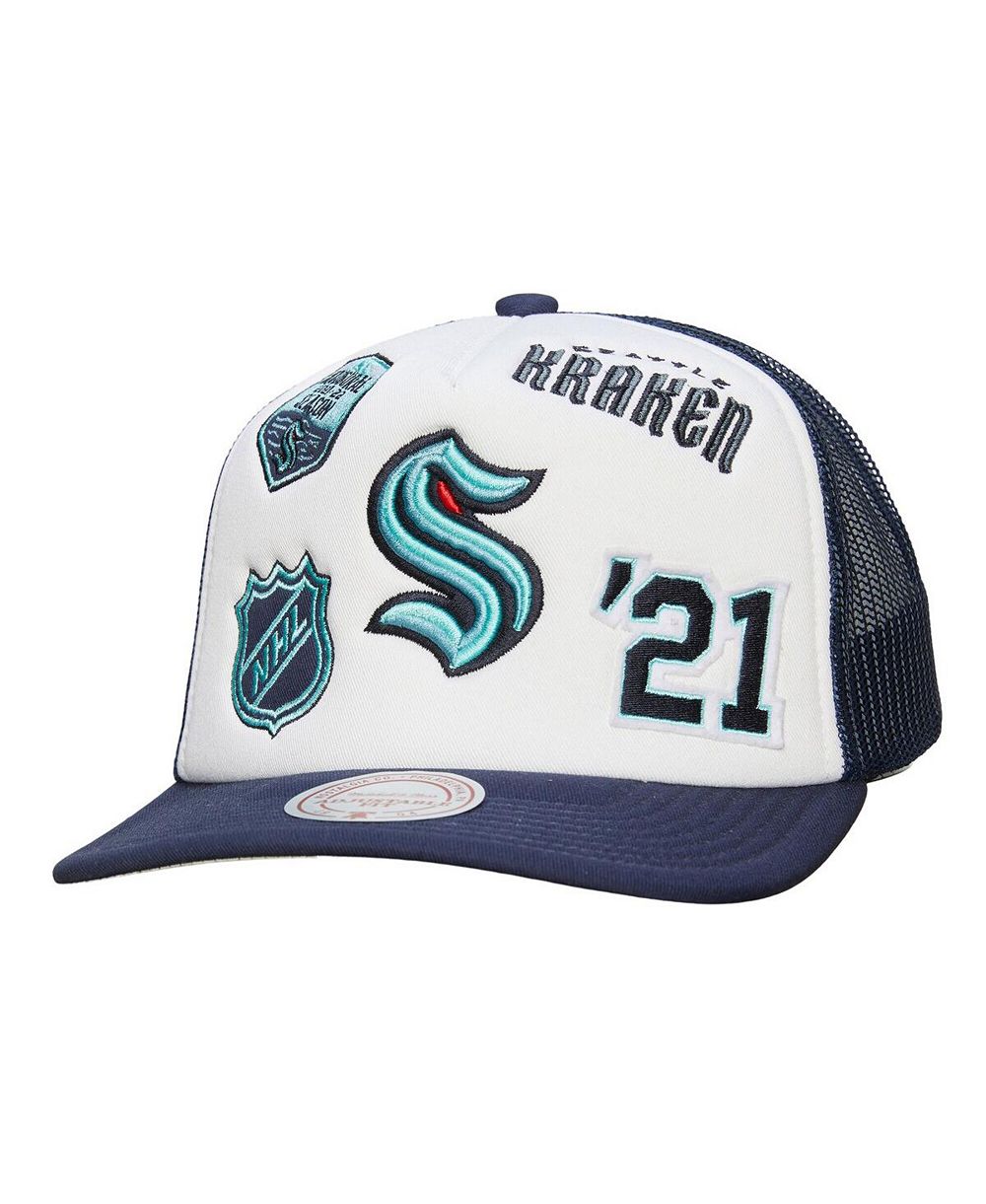 Мужская кепка Mitchell & Ness Seattle Kraken Gridlock Trucker, белая/deep sea blue, регулируемая