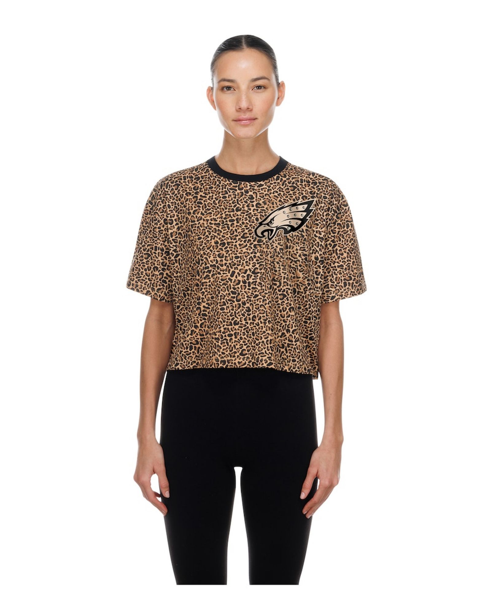 Женская укороченная футболка New Era Brown Philadelphia Eagles Mom Me Leopard Boxy Cropped