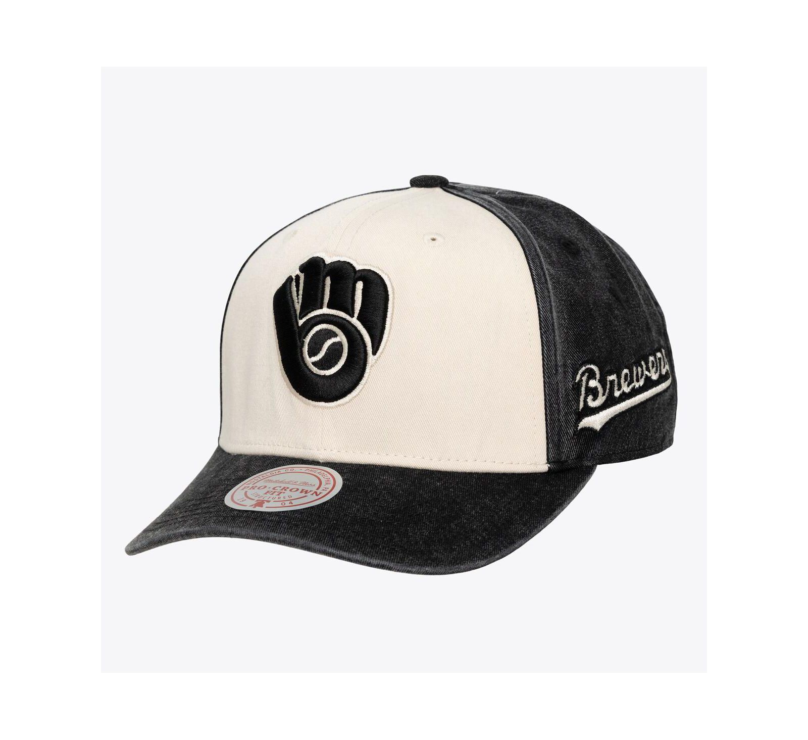 Мужская и женская кепка Mitchell & Ness Cream/Black Milwaukee Brewers Snow Block Pro Crown Snapback