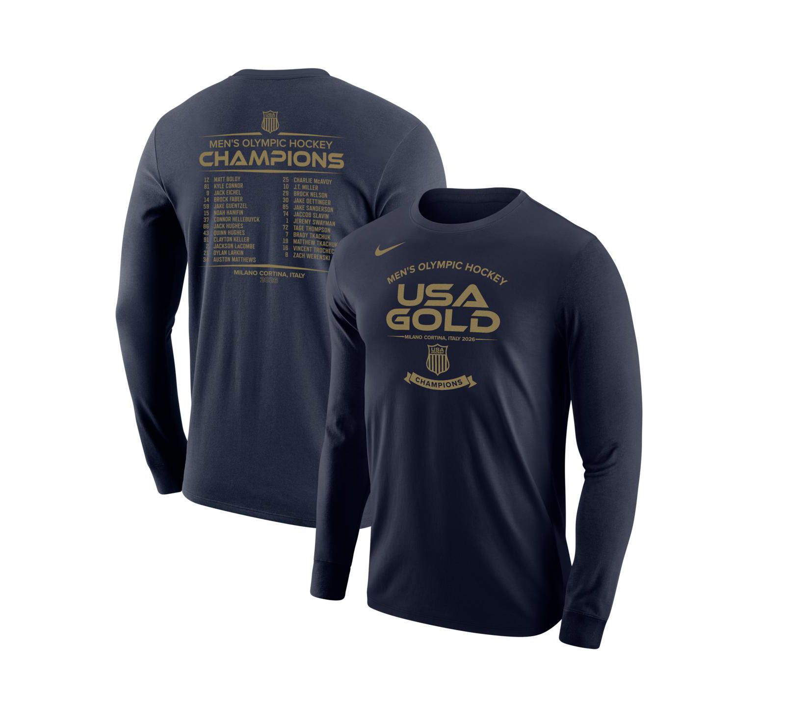 Nike Men's Navy Men's USA Hockey 2026 Winter Olympics Gold Medal Roster Long Sleeve T-Shirt