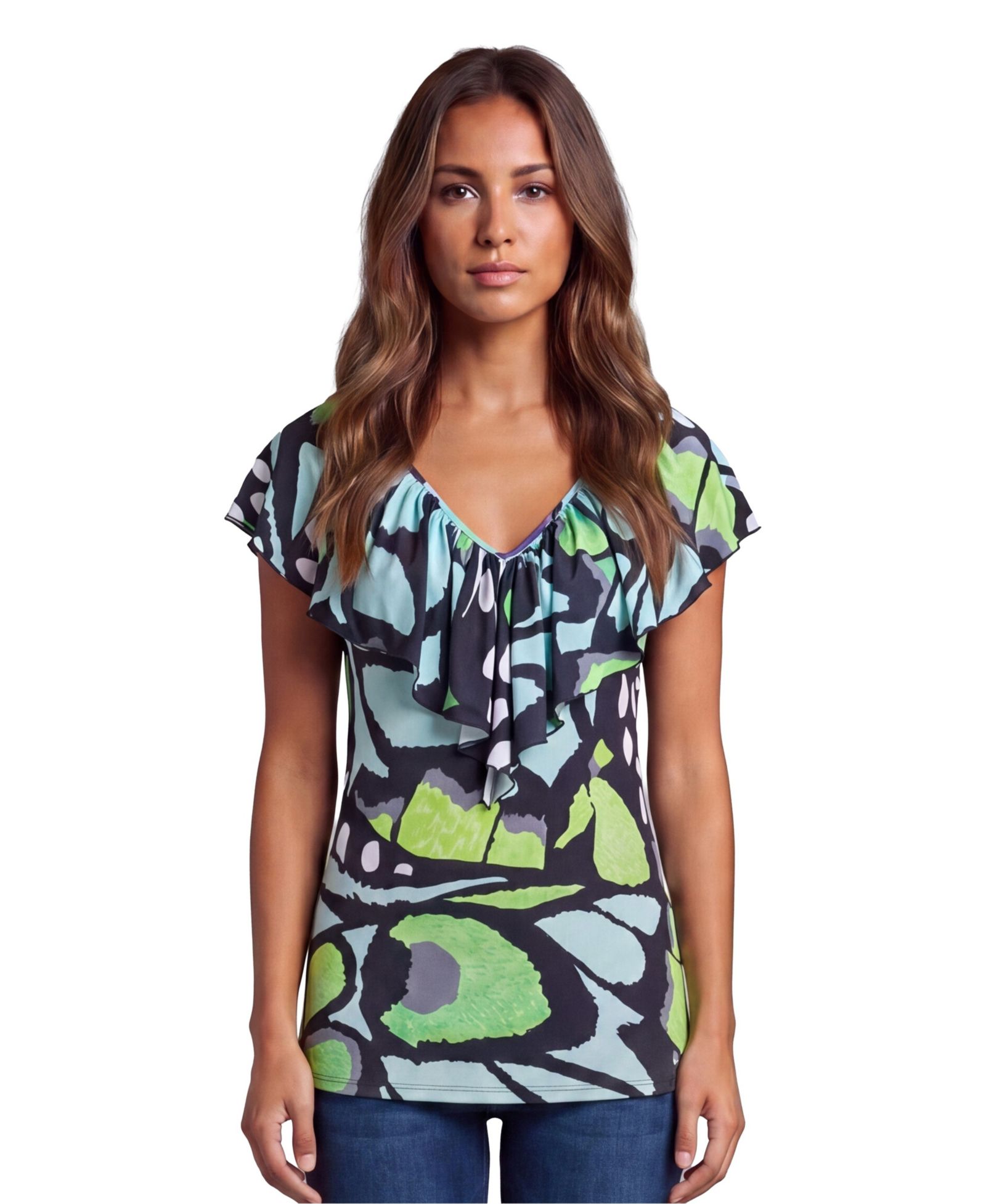 24seven Comfort Apparel Petite Essential Butterfly Print Cap-Sleeve Top
