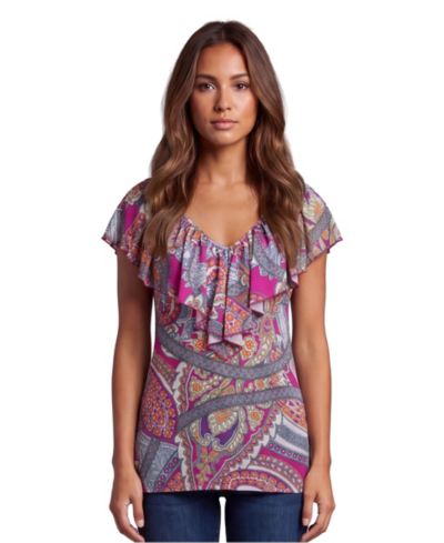 24seven Comfort Apparel Petite Essential Paisley Print V-Neck Top