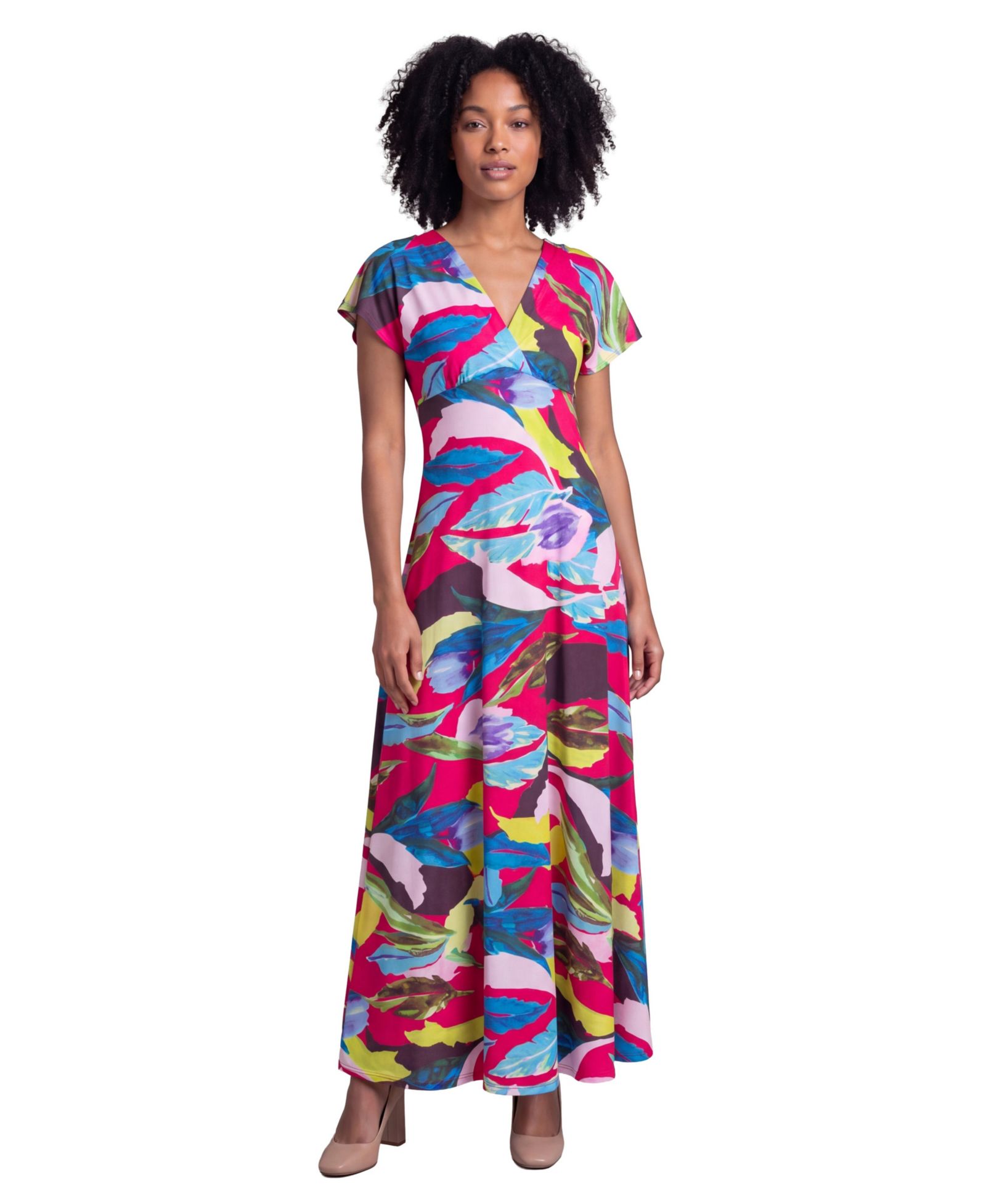 24seven Comfort Apparel Petite Essential Floral Print Cap-Sleeve Dress