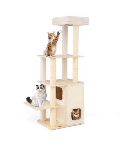 Gymax 63'' Tall Wooden Cat Tree w/2-Story Condo Plush Padded Top Perch Dangling Ball