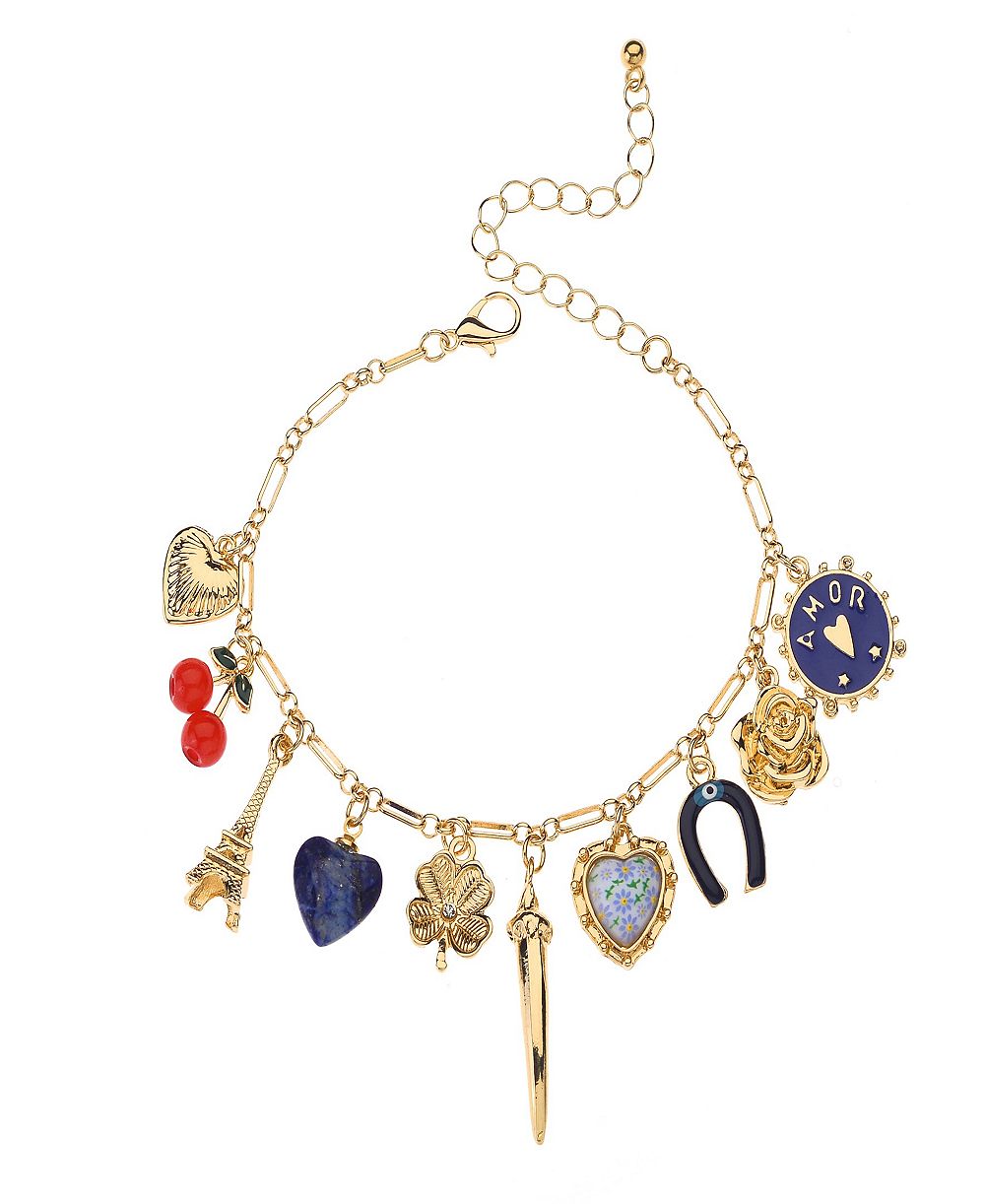 Nicole Miller Gold-Tone Eiffel Tower, Heart, Rose, Horseshoe, Clover, Cherry, and Amor Charms Bracelet
