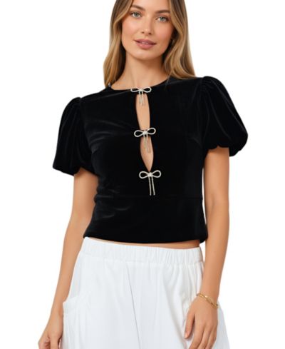 Modenaire Women's Velvet Puff Sleeve Keyhole Rhinestone Bow Top