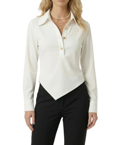 Modenaire Women's Collared Button-Front Asymmetrical Hem Blouse