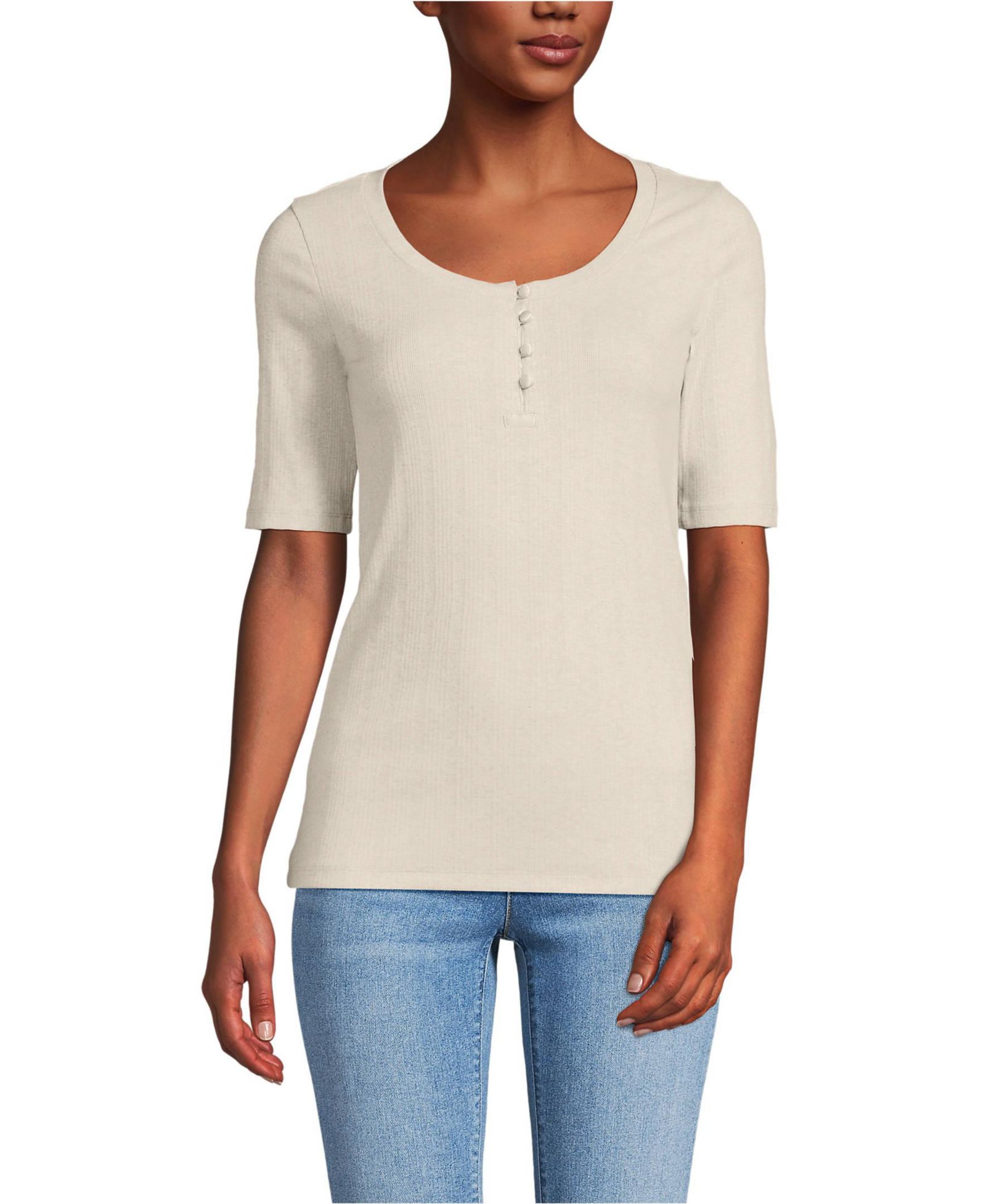 Lands' End Women's Elbow Sleeve Variegated Micro Rib Scoop Neck Henley