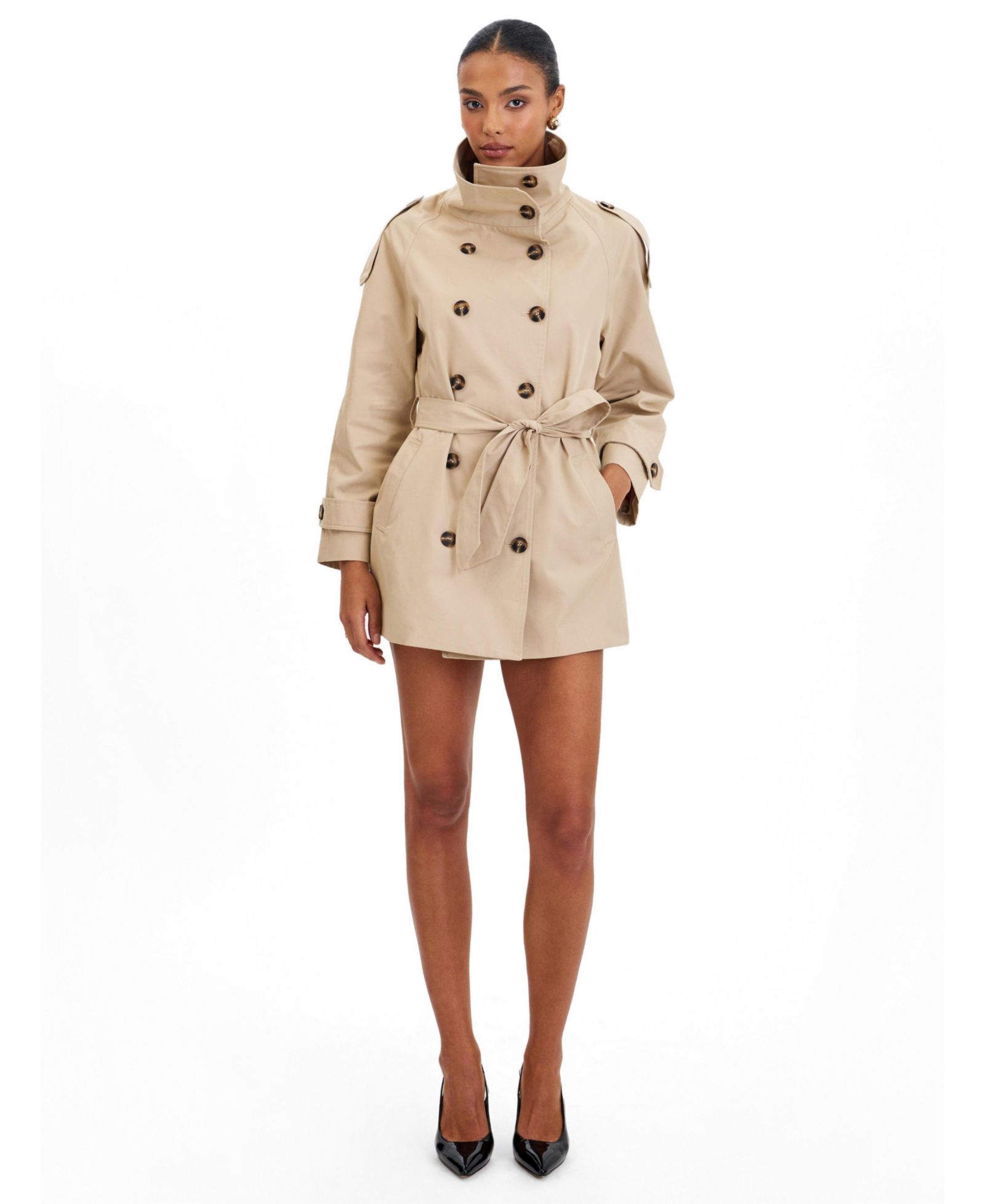 Miss Circle Women's Vanetta Tan High Collar Double-Breasted Trench Mini Coat