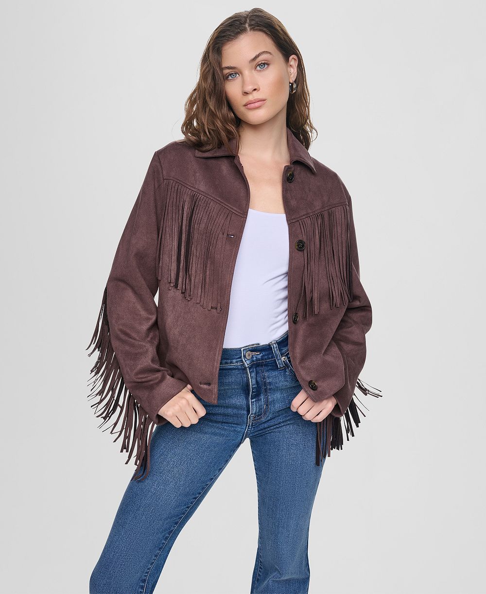 DKNY Jeans Women's Fringe Detail Collared Button-Front Jacket