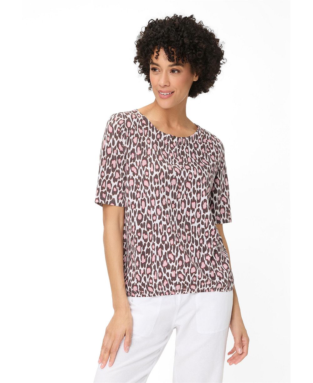 Olsen Women's Leopard Print Split Neck T-Shirt