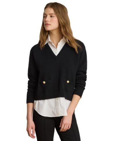 Lauren Ralph Lauren Petite Layered Button-Trim Cotton Sweater