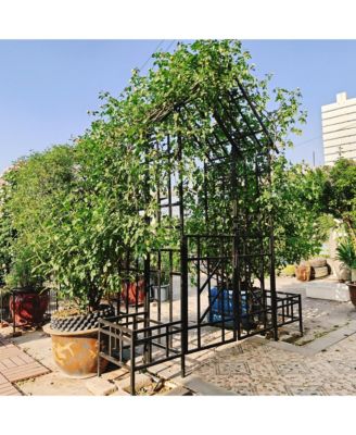 Clihome Metal Garden Arch with Gate with planter W80.71H97.24 Climbing Plants Support Rose Arch Outdoor