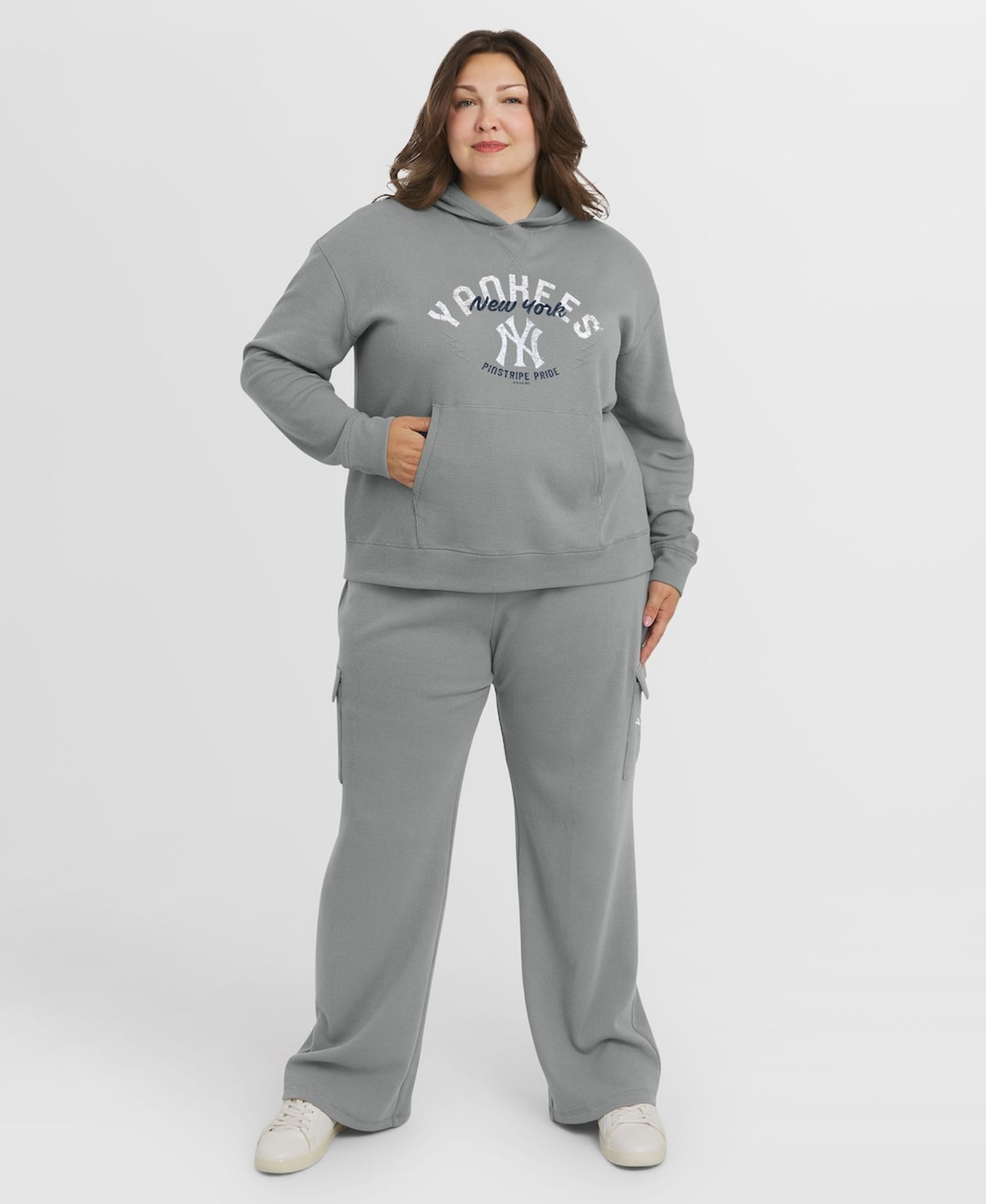 Женский комплект WEAR by Erin Andrews Gray New York Yankees Plus Size Waffle-Knit Long-Sleeve Hoodie Lounge Pant
