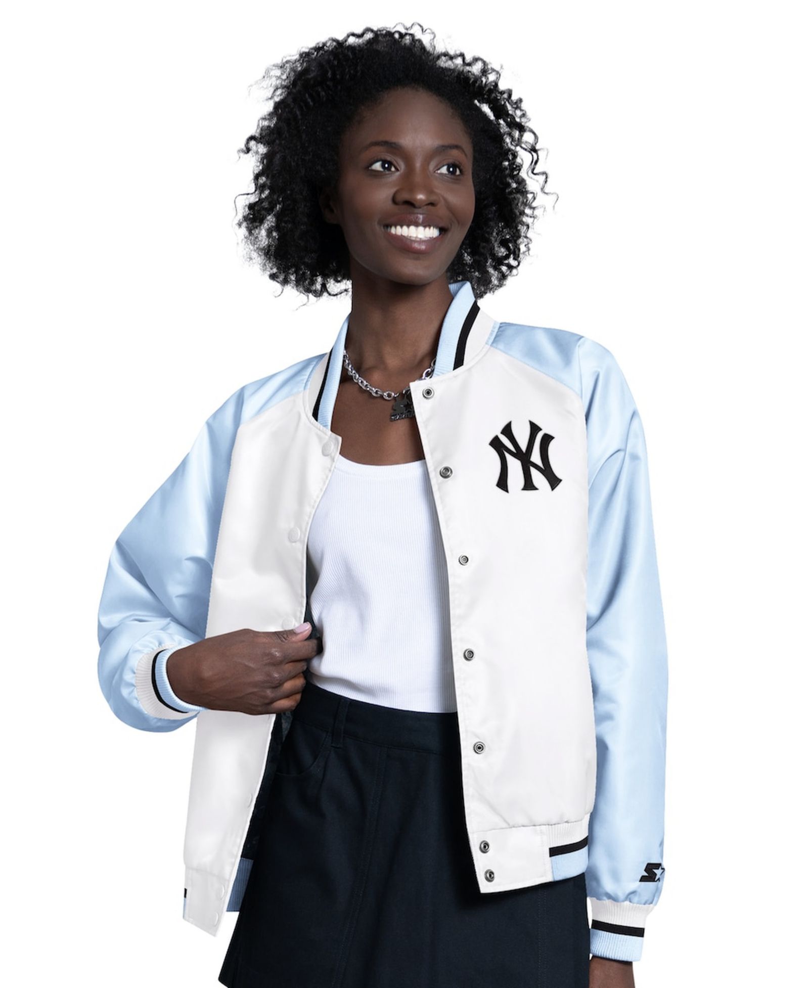 Starter Women's Light Blue/White New York Yankees Blitz Varsity Raglan Full-Snap Satin Jacket