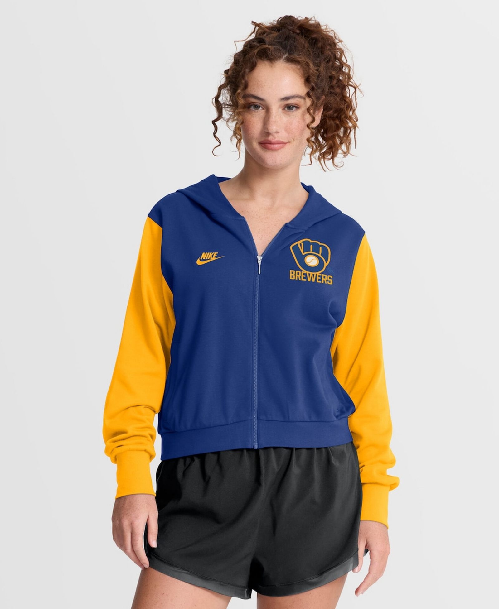 Nike Женское укороченное худи на молнии Milwaukee Brewers Cooperstown Collection, синее/золотое