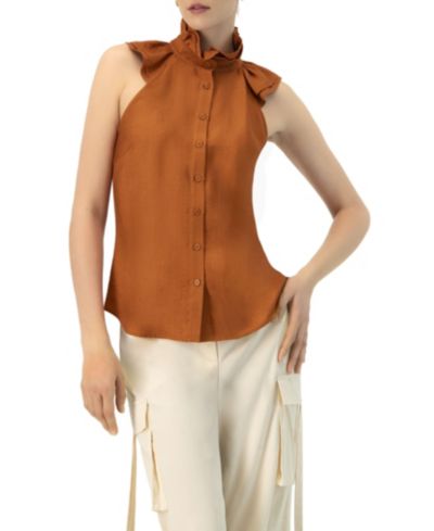 Ivonne Women's Sleeveless High Neck Blouse with Front Buttons
