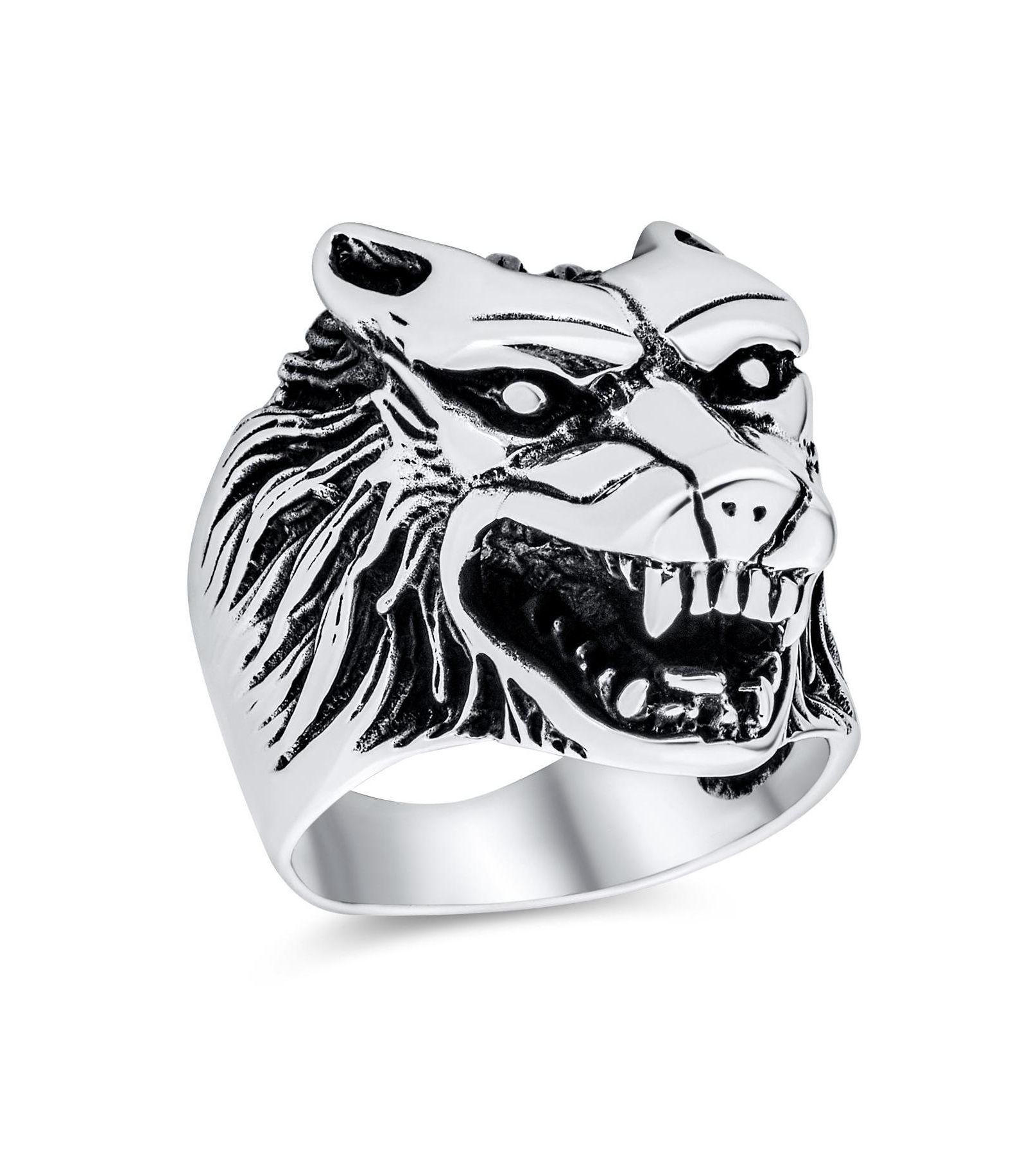 Bling Jewelry Hunter Animal Norse Viking Warrior Signet Fierce Wolf Head Ring Oxidized .925 Sterling Silver