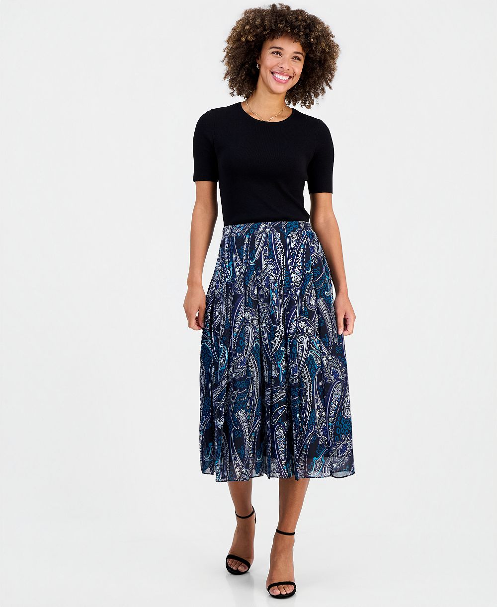 Kasper Women's Printed Pleated Pull-On Midi Skirt