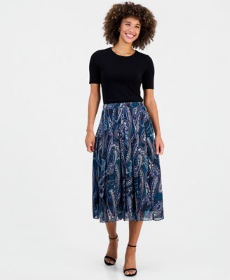 Kasper Women's Printed Pleated Pull-On Midi Skirt