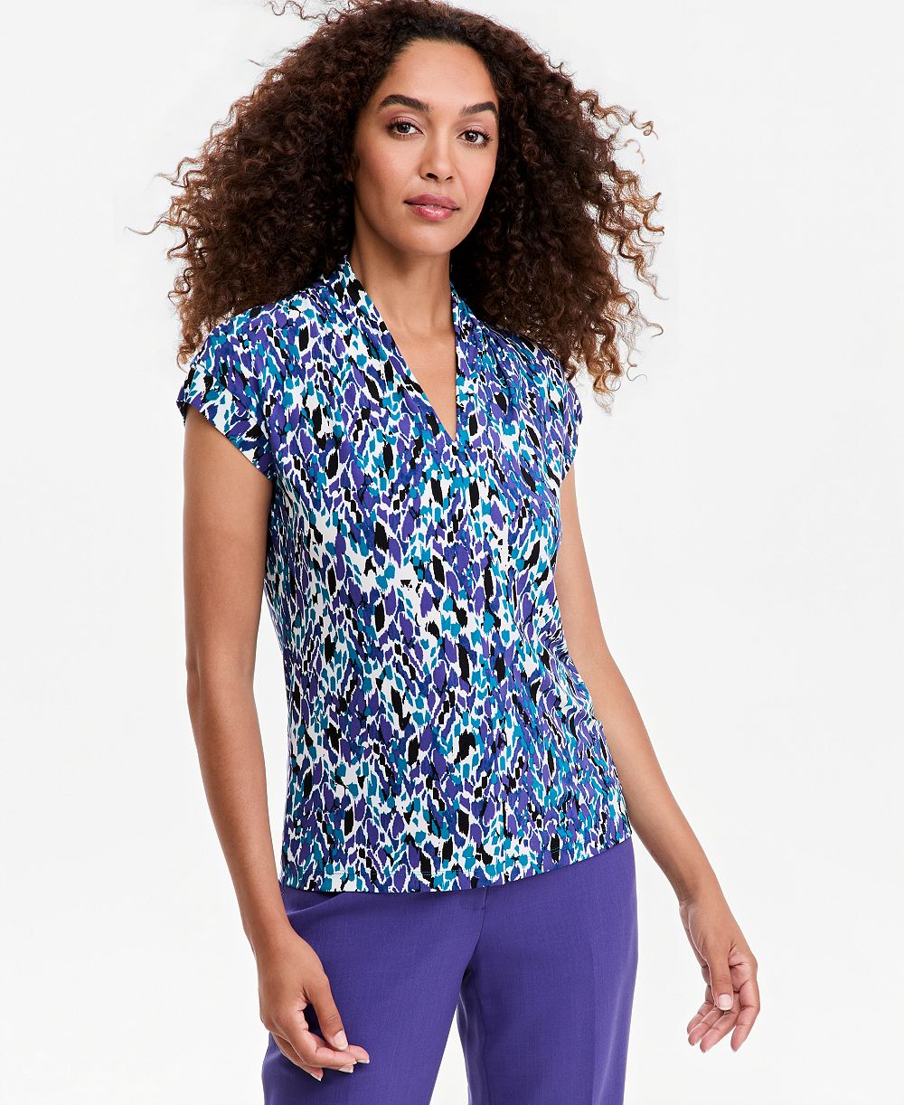 Kasper Women's Printed Funnel-Neck Short-Sleeve Top
