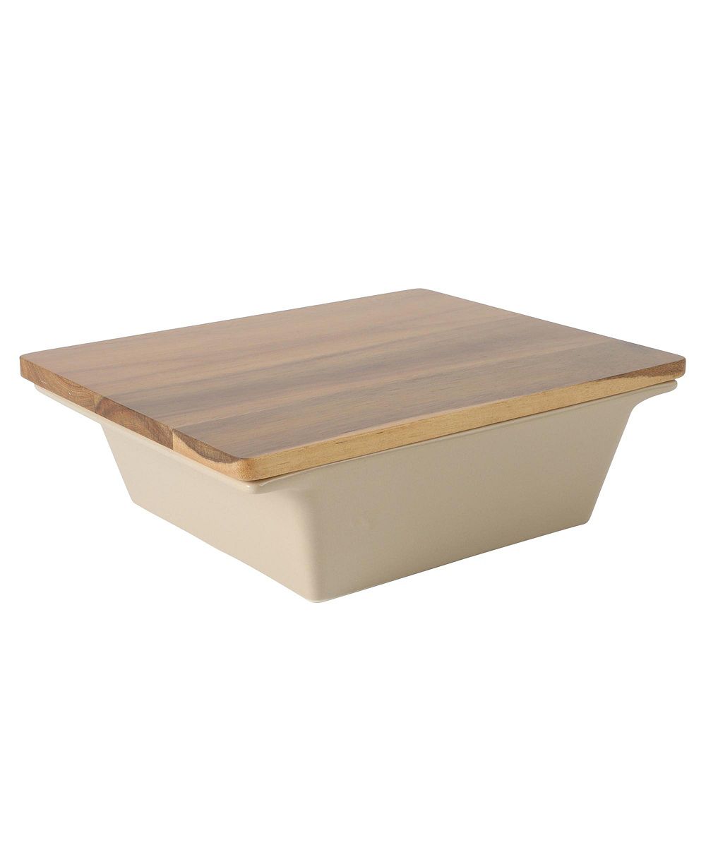 Gibson  Home Elite 2.75-Quart 13.5" x 8.5" Stoneware Baking Dish with Acacia Wood Lid - Taupe Rectangular Oven Safe Baker